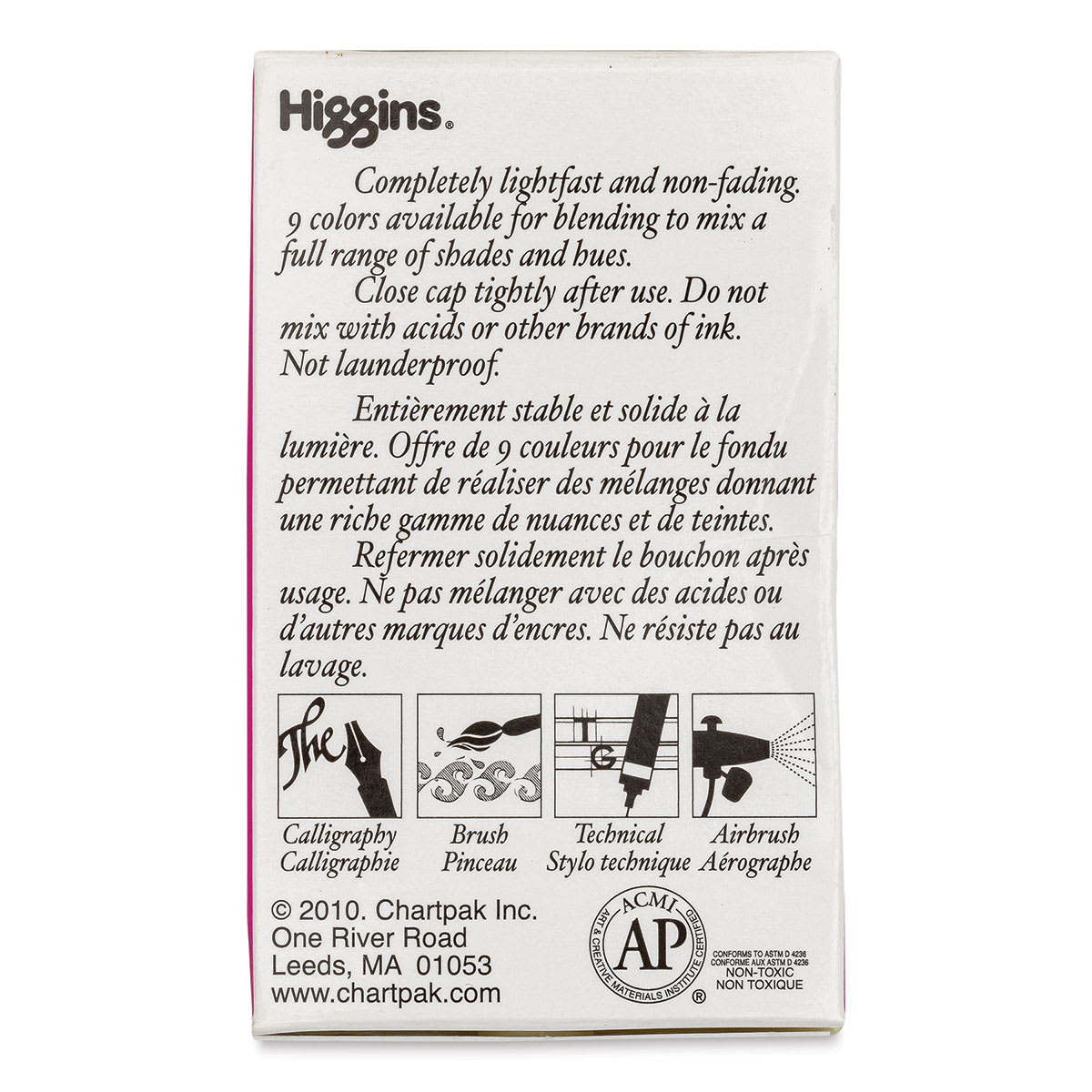 Higgins Drawing Ink - 1 oz, Magenta, back of the packaging