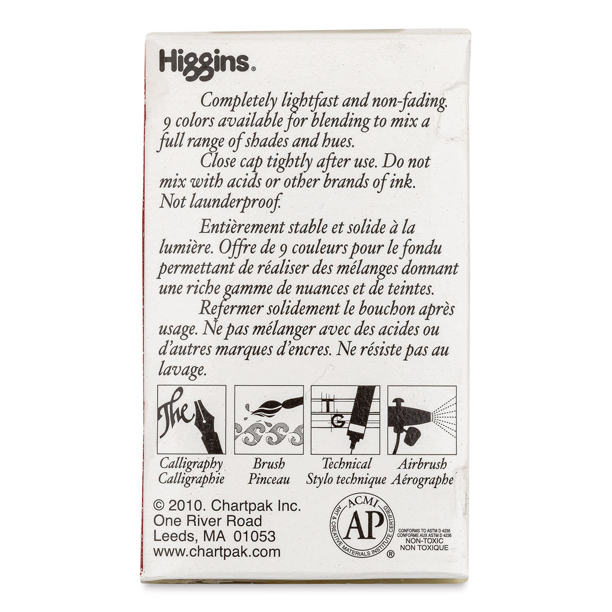 Higgins Drawing Ink - 1 oz, Carmine, back of the packaging