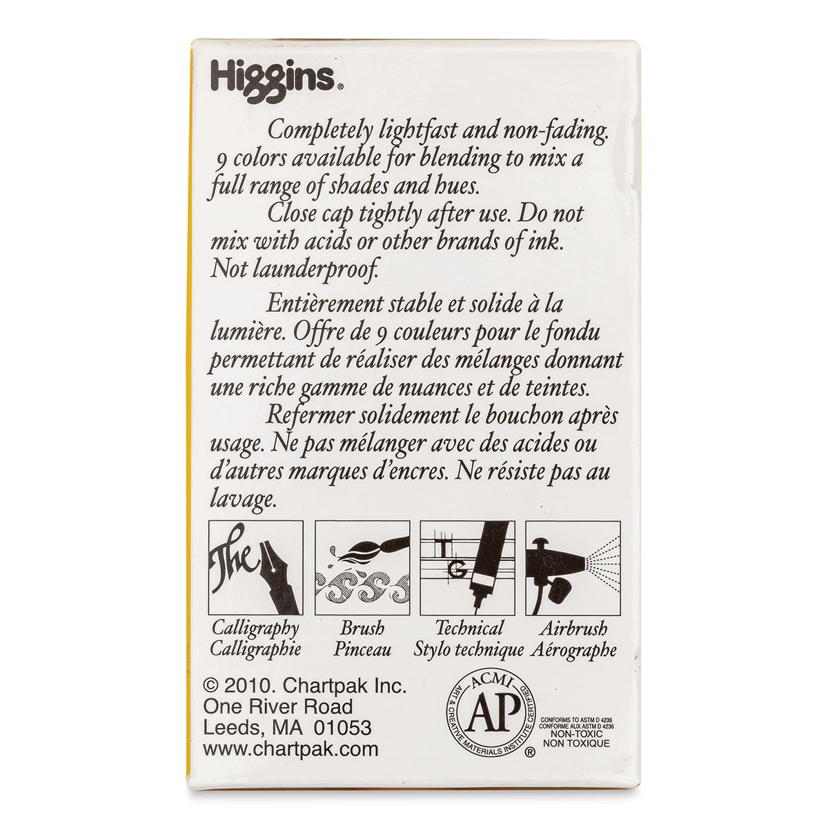 Higgins Drawing Ink - 1 oz, Lemon, back of the packaging
