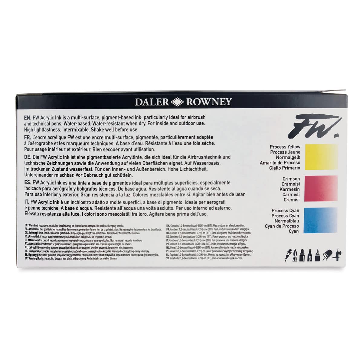 Daler-Rowney FW Acrylic Water-Resistant Artists Ink - 1 oz, Starter Colors, Set of 3 (back of package)