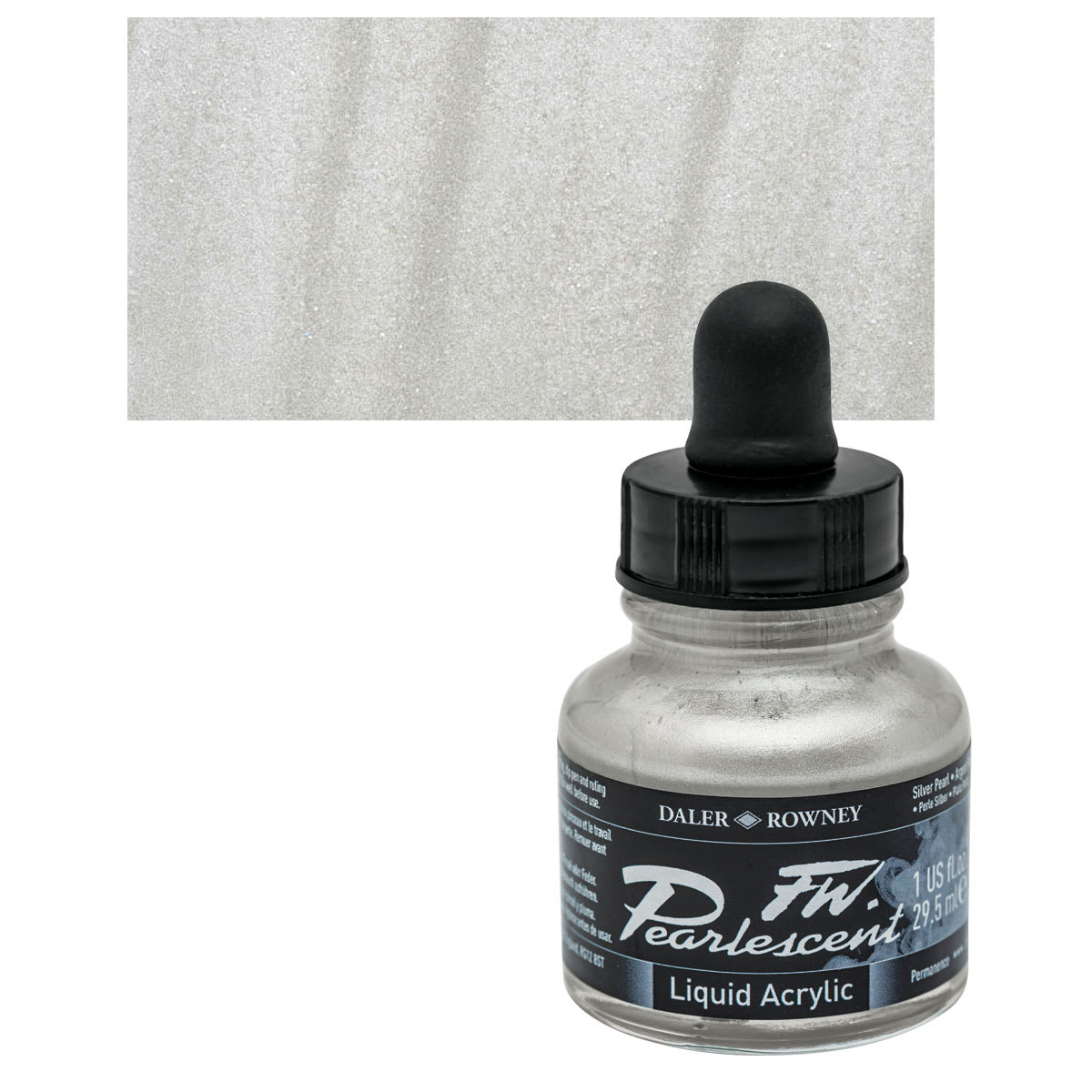 Daler-Rowney FW Acrylic Pearlescent Liquid Acrylic Artist's Ink - 1 oz, Silver Pearl and swatch