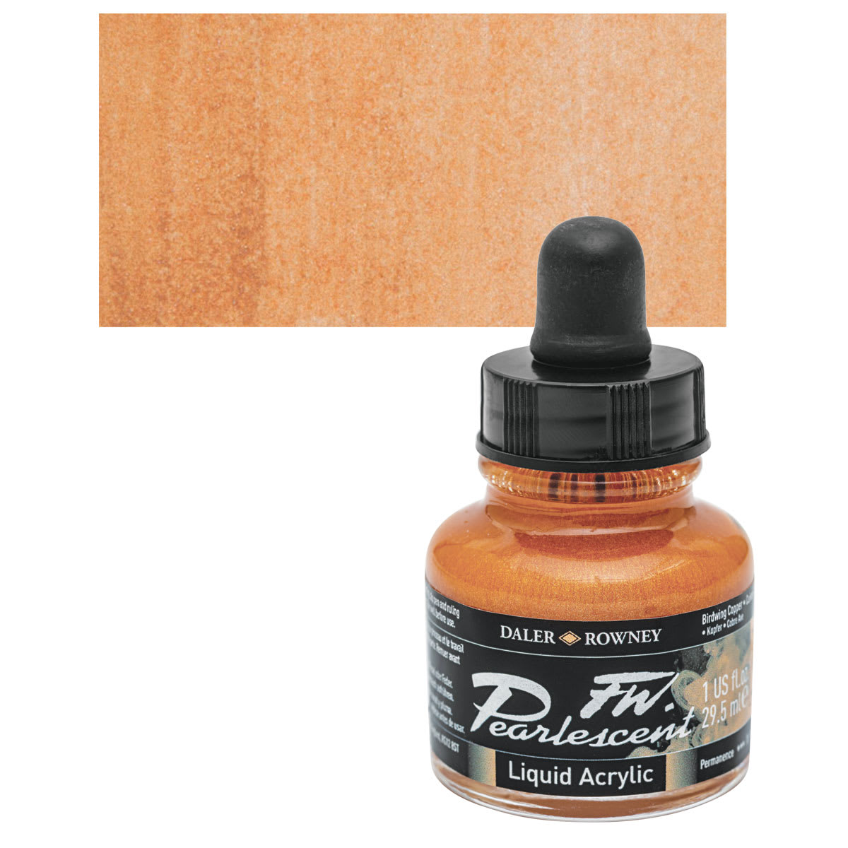 Daler-Rowney FW Acrylic Pearlescent Liquid Acrylic Artist's Ink - 1 oz, Birdwing Copper and swatch