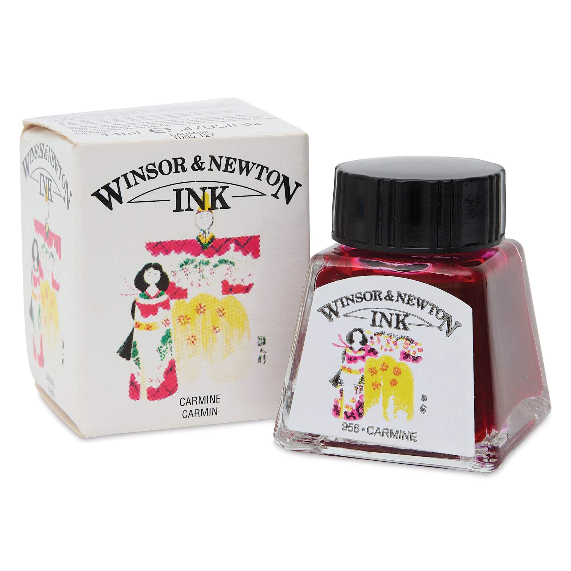 Winsor & Newton Drawing Ink - Carmine, 14 ml bottle and packaging