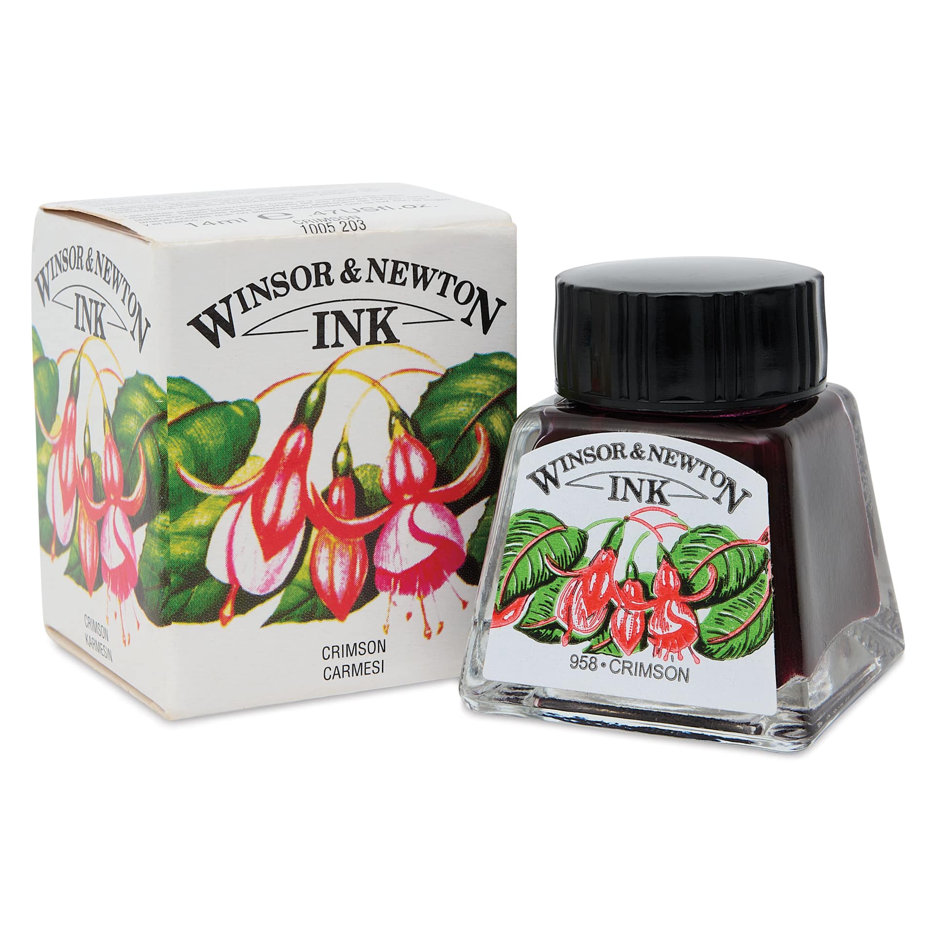 Winsor & Newton Drawing Ink - Crimson, 14 ml bottle and packaging