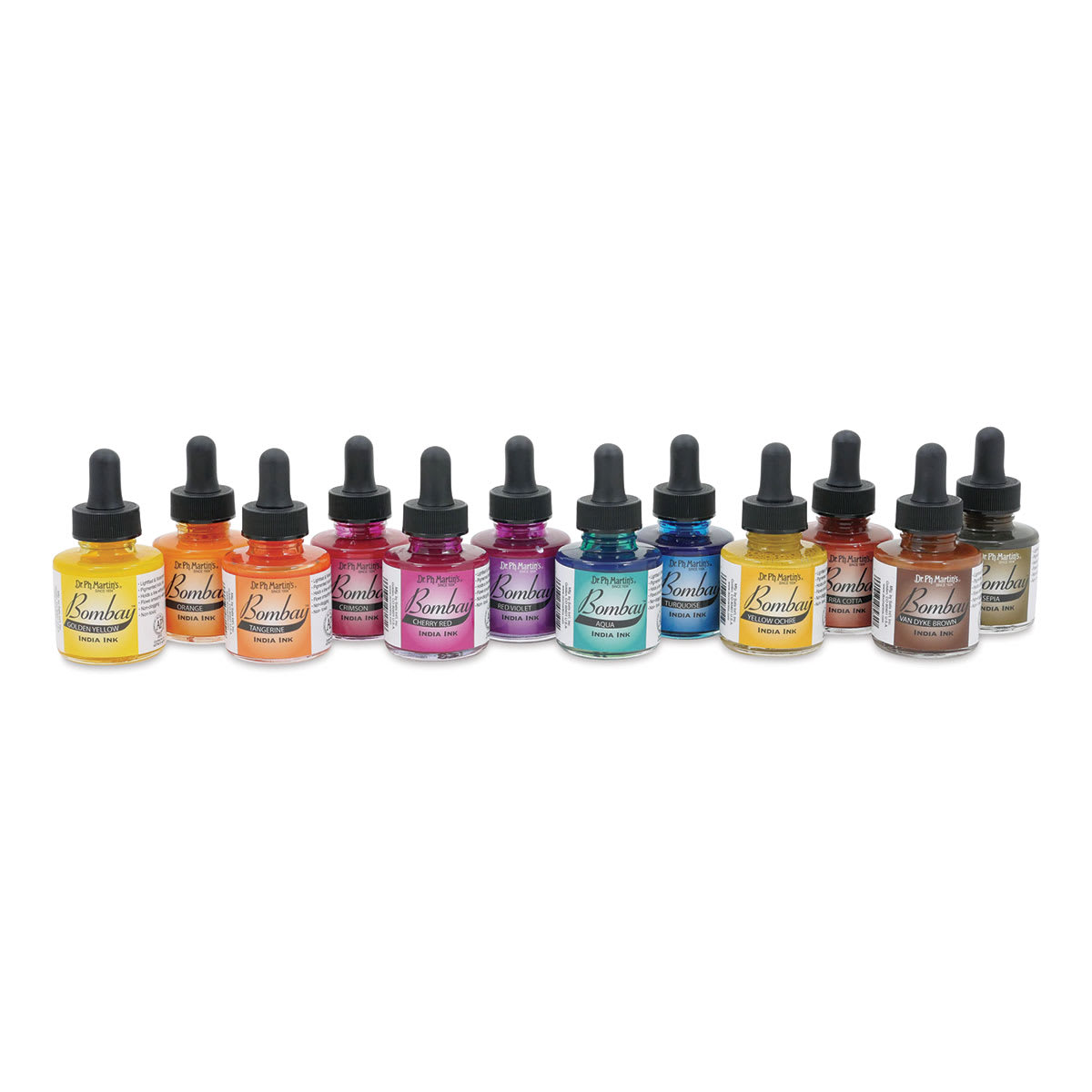 Dr. Ph. Martin's Bombay India Ink - 1 oz, Round Set, Set of 12 bottles lined up