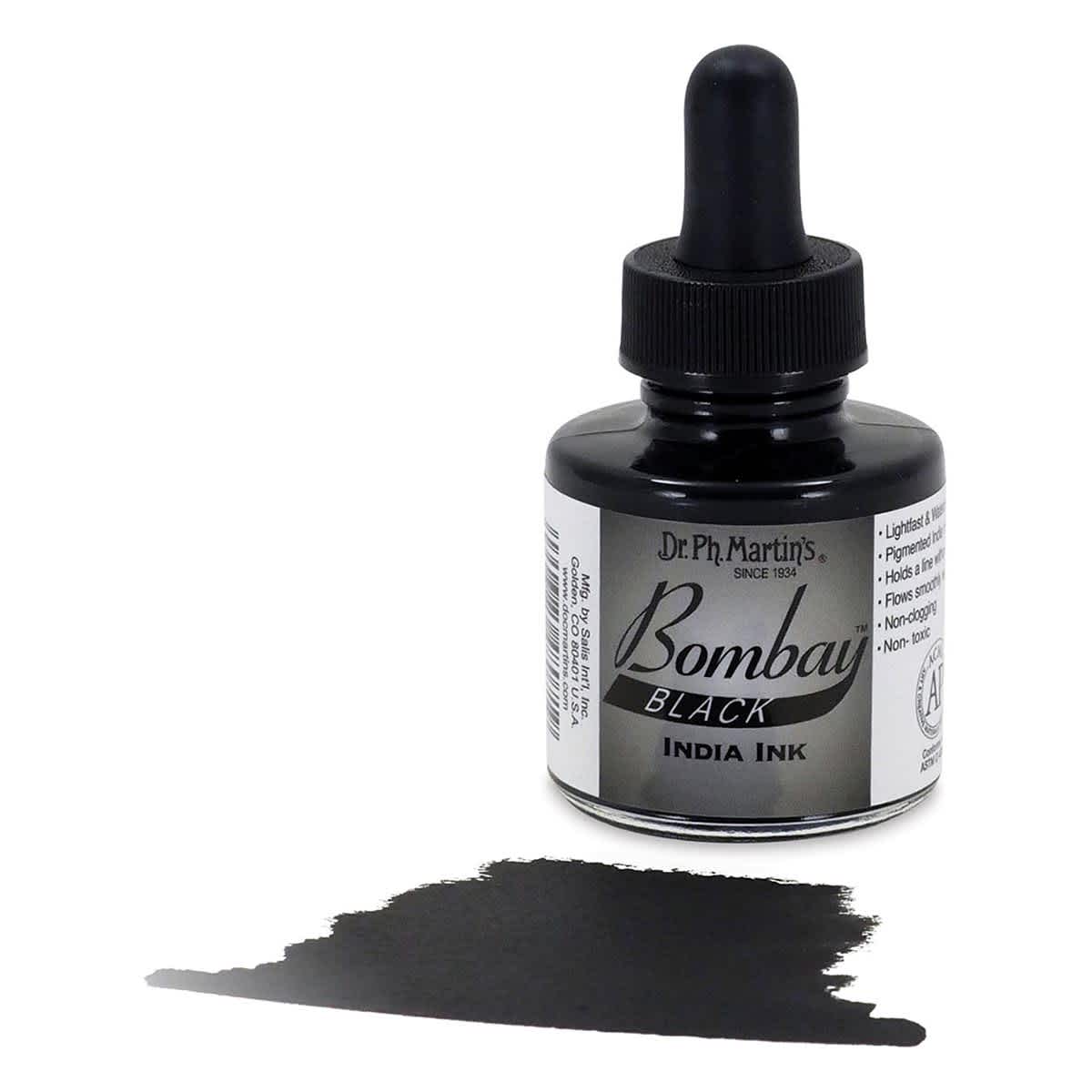 Dr. Ph. Martin's Bombay India Ink - 1 oz, Black with swatch