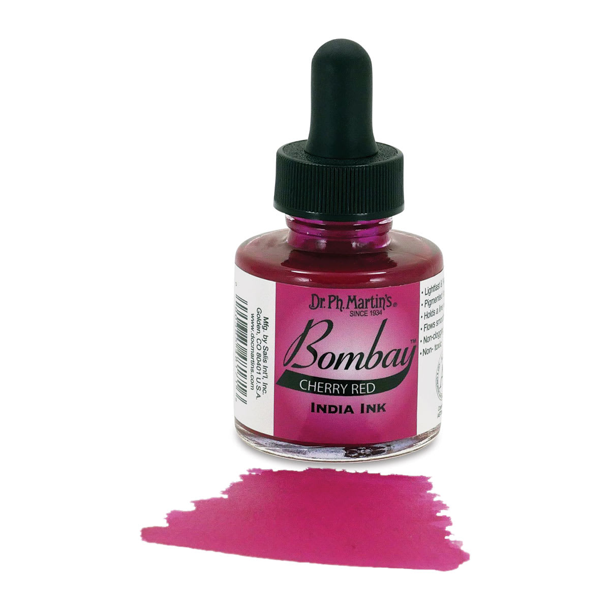 Dr. Ph. Martin's Bombay India Ink - 1 oz, Cherry Red bottle with swatch