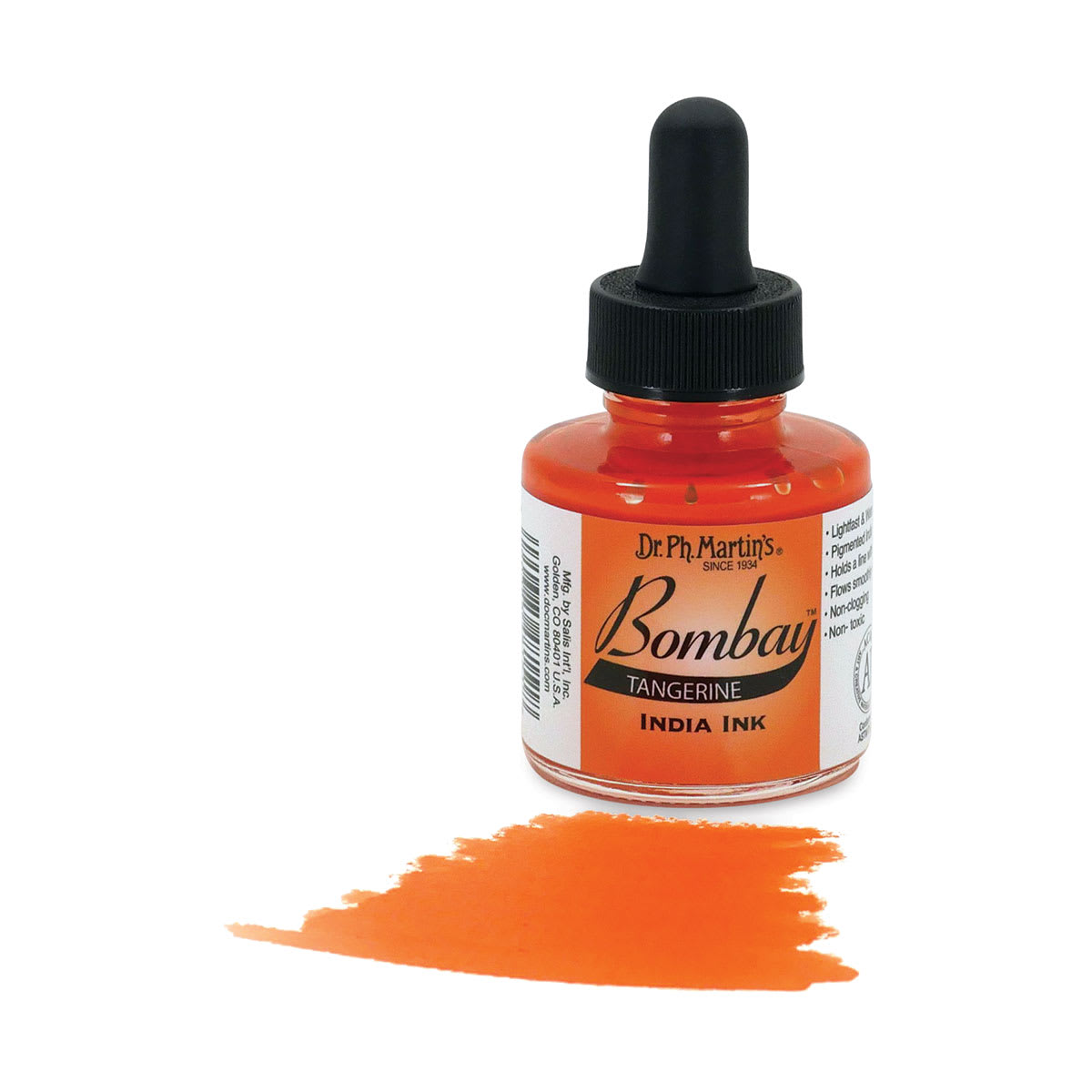 Dr. Ph. Martin's Bombay India Ink - 1 oz, Tangerine bottle with swatch