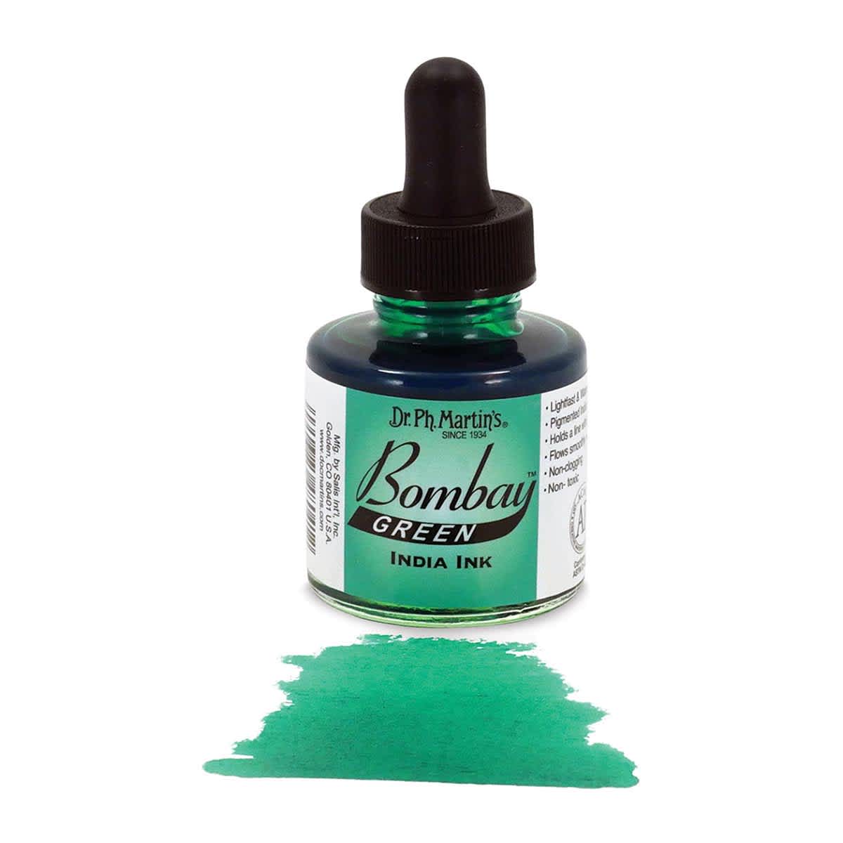Dr. Ph. Martin's Bombay India Ink - 1 oz, Green bottle with swatch