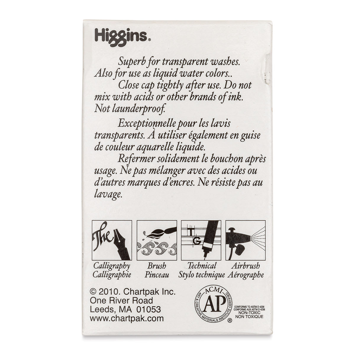 Higgins Dye-Based Drawing Ink - 1 oz, White, Waterproof, Dye-Based Ink, back of the packaging