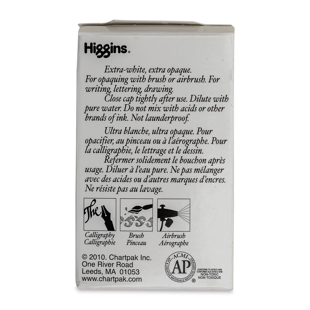 Higgins Dye-Based Drawing Ink - 1 oz, Super White, Waterproof, Pigment-Based Ink, back of the packaging