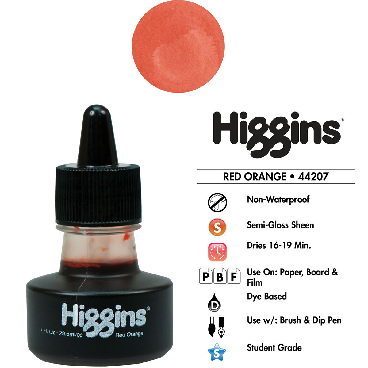 Higgins Dye-Based Drawing Ink - 1 oz, Red Orange, Non-Waterproof, Dye-Based Ink