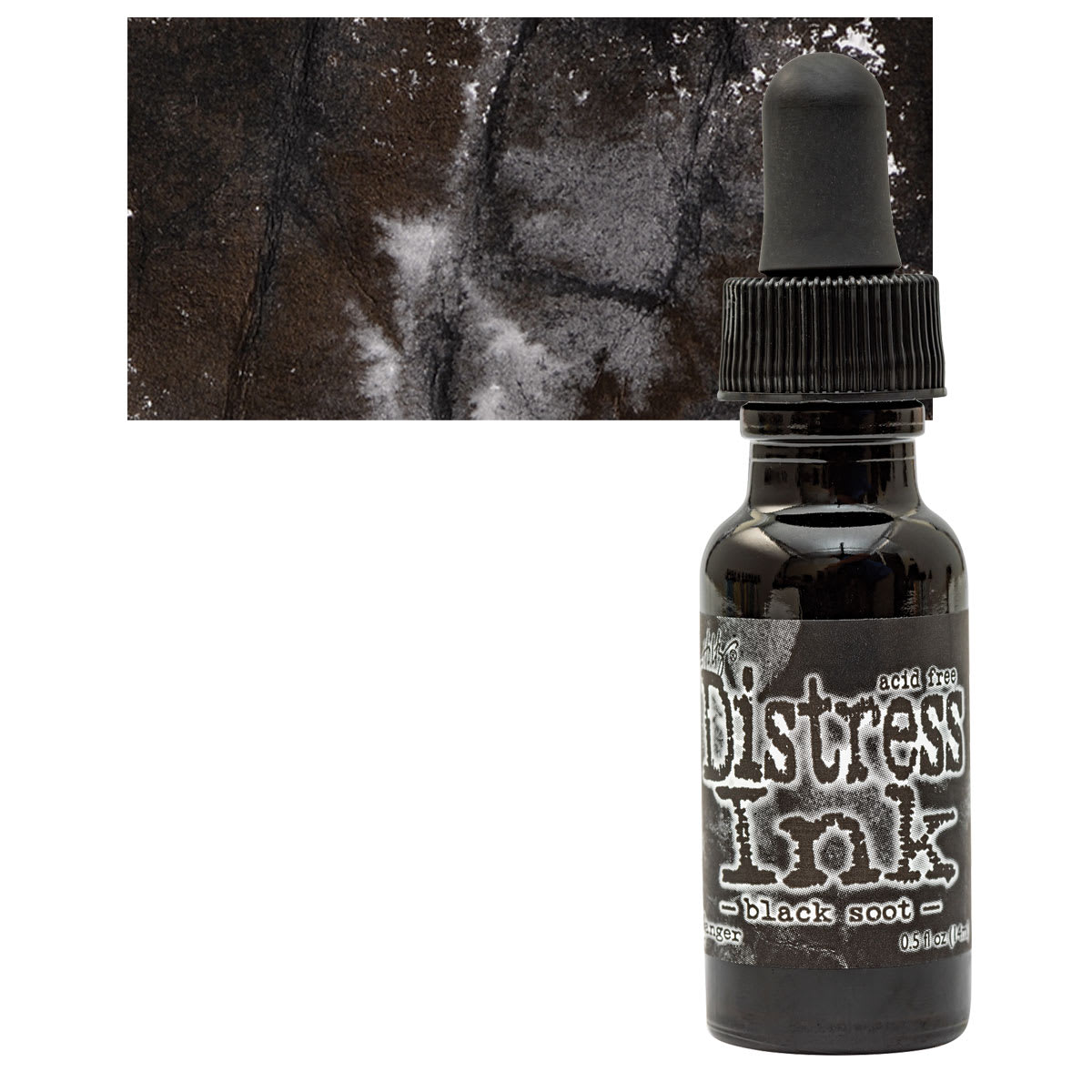 Ranger Distress Ink Pad Re-Inker - Black Soot bottle and swatch