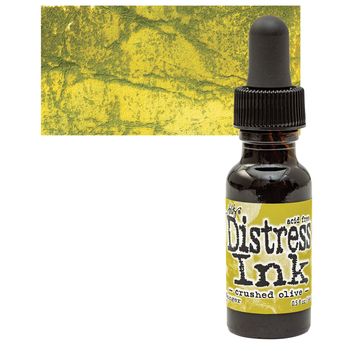 Ranger Distress Ink Pad Re-Inker - Crushed Olive bottle and swatch
