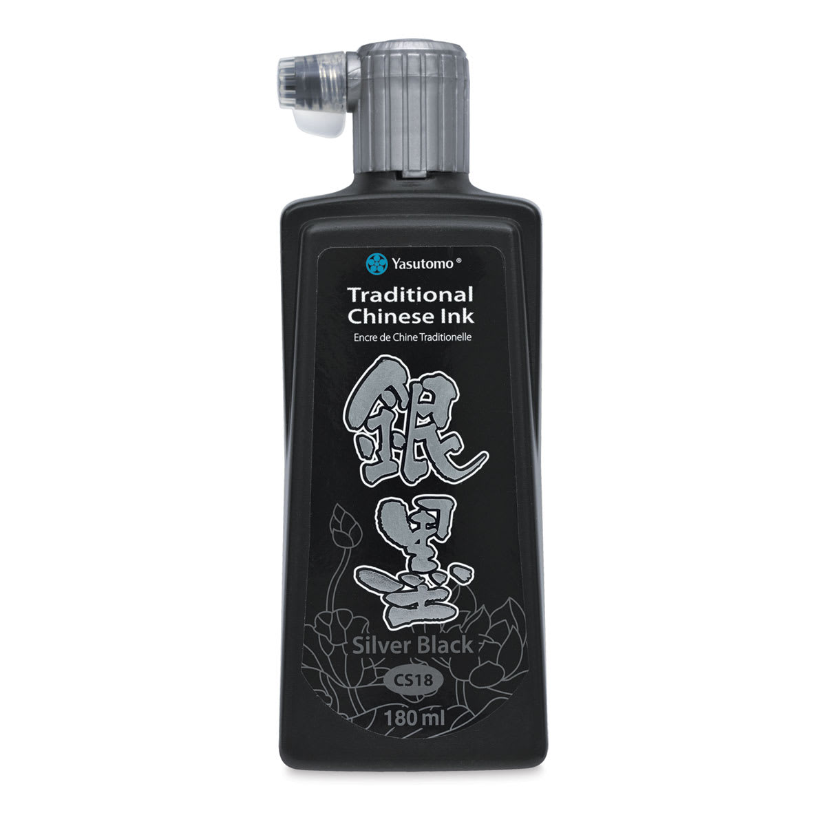 Yasutomo Chinese Inks - Front of bottle of Metallic Silver Black Ink