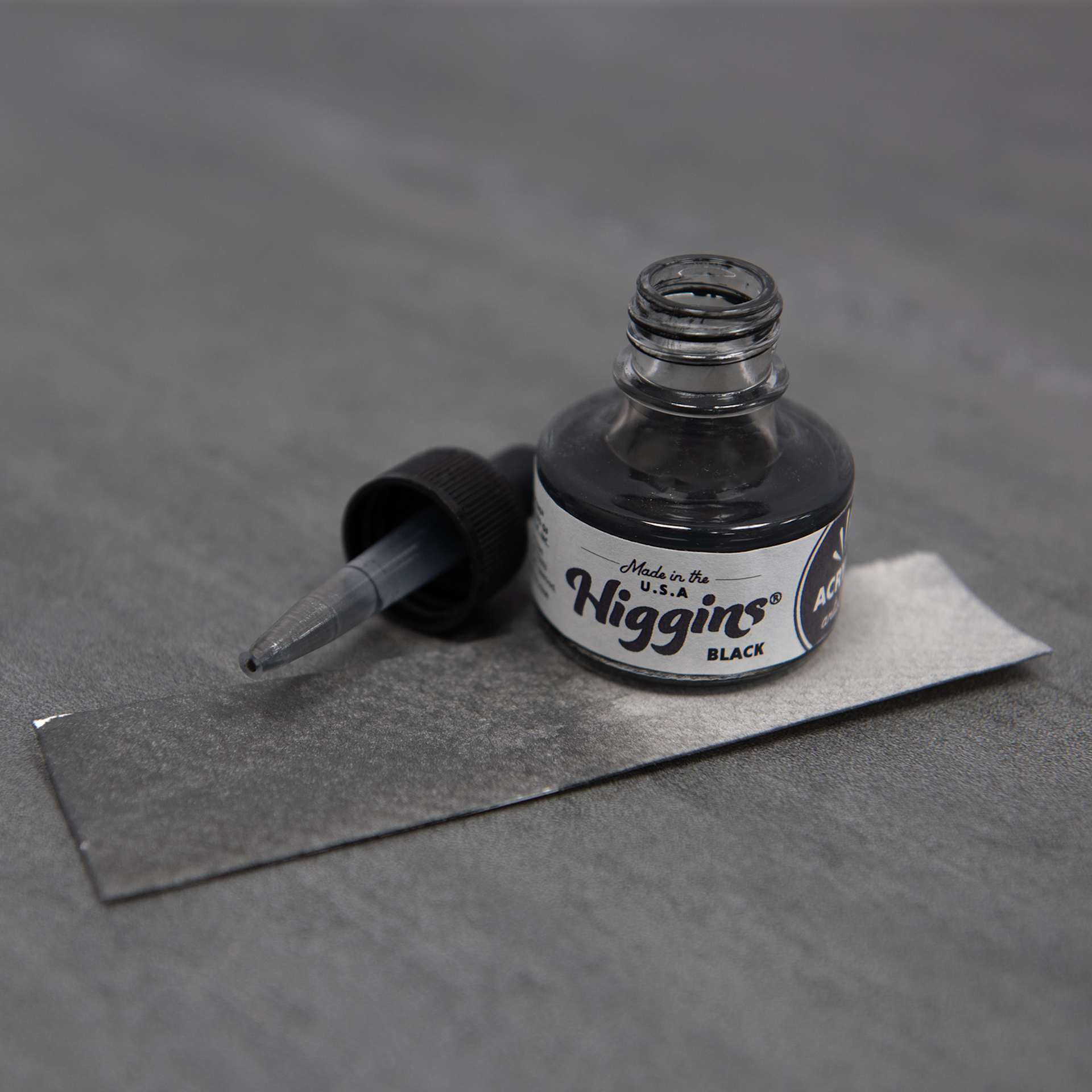 Higgins Acrylic Ink - Black, 1 oz bottle with dropper and swatch