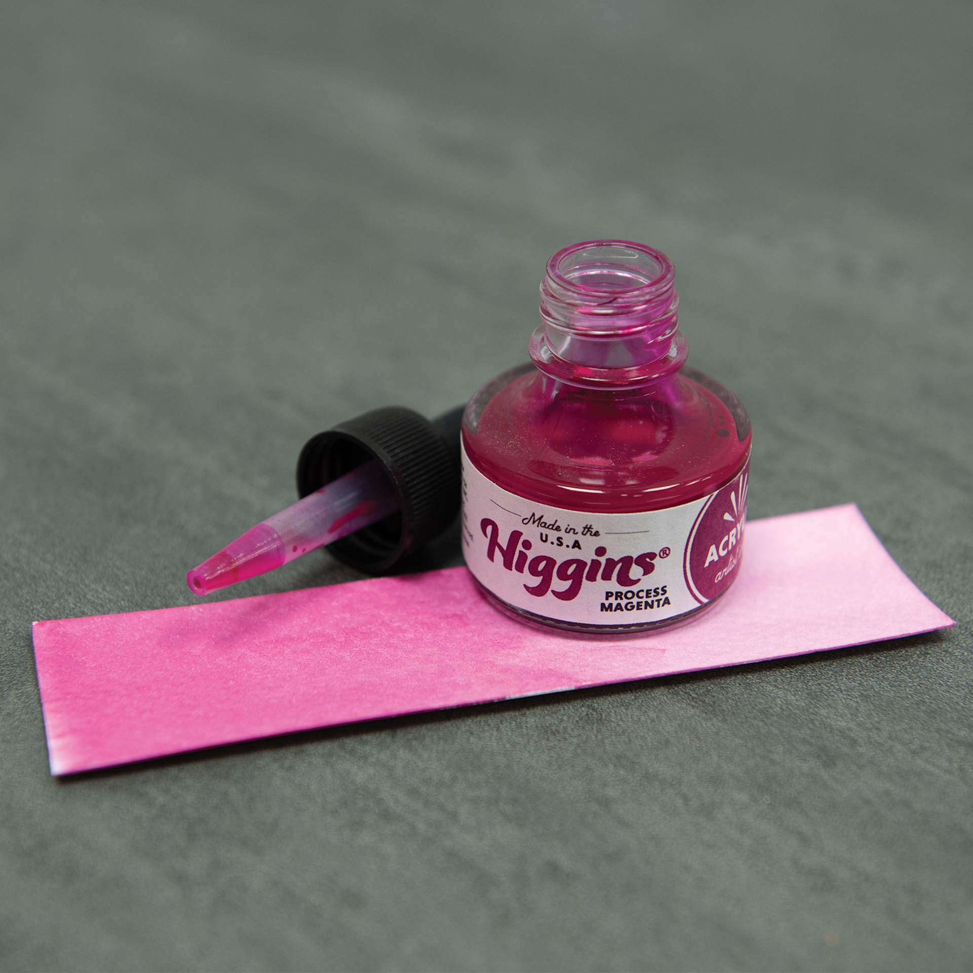 Higgins Acrylic Ink - Process Magenta, 1 oz bottle with dropper and swatch