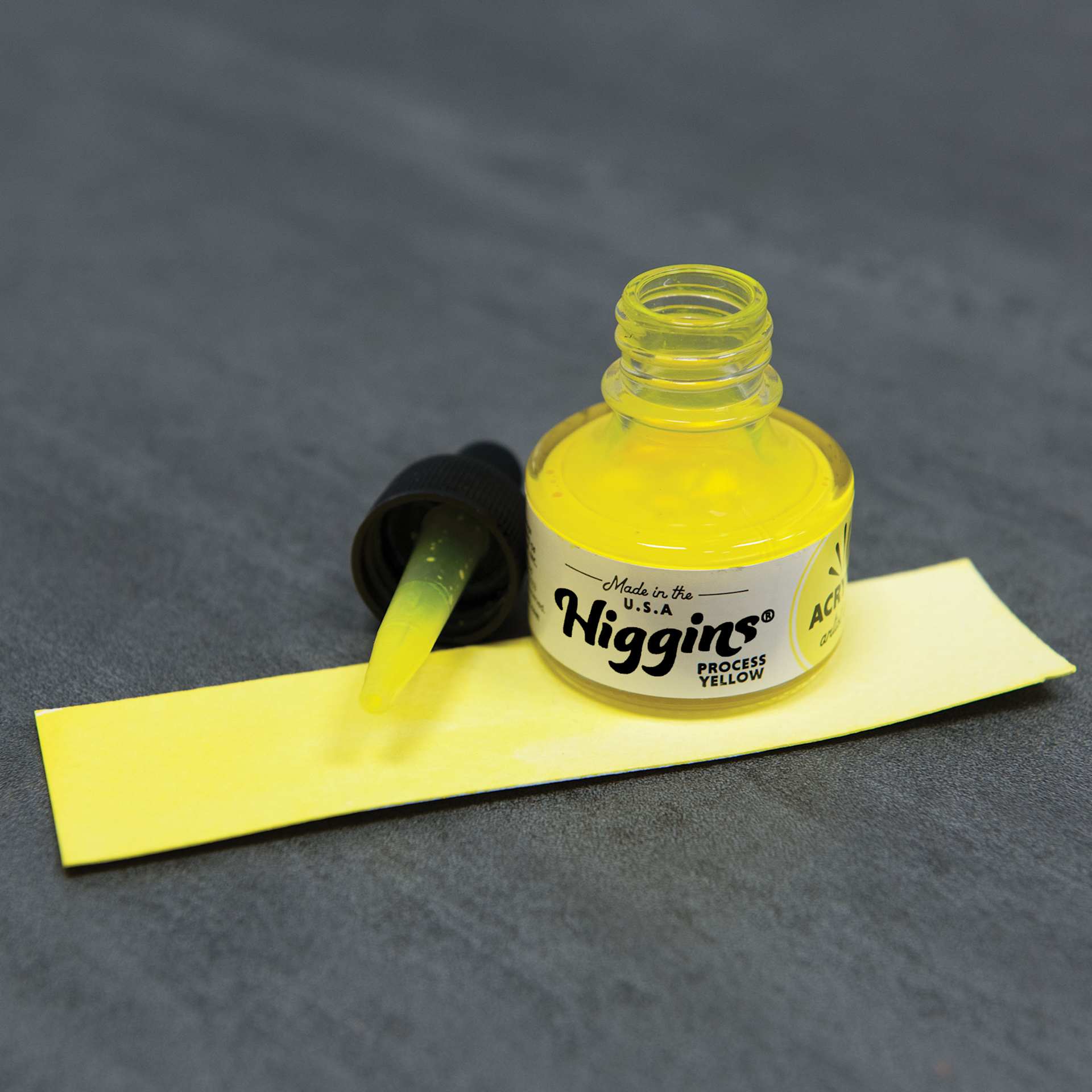 Higgins Acrylic Ink - Process Yellow, 1 oz bottle with dropper and swatch