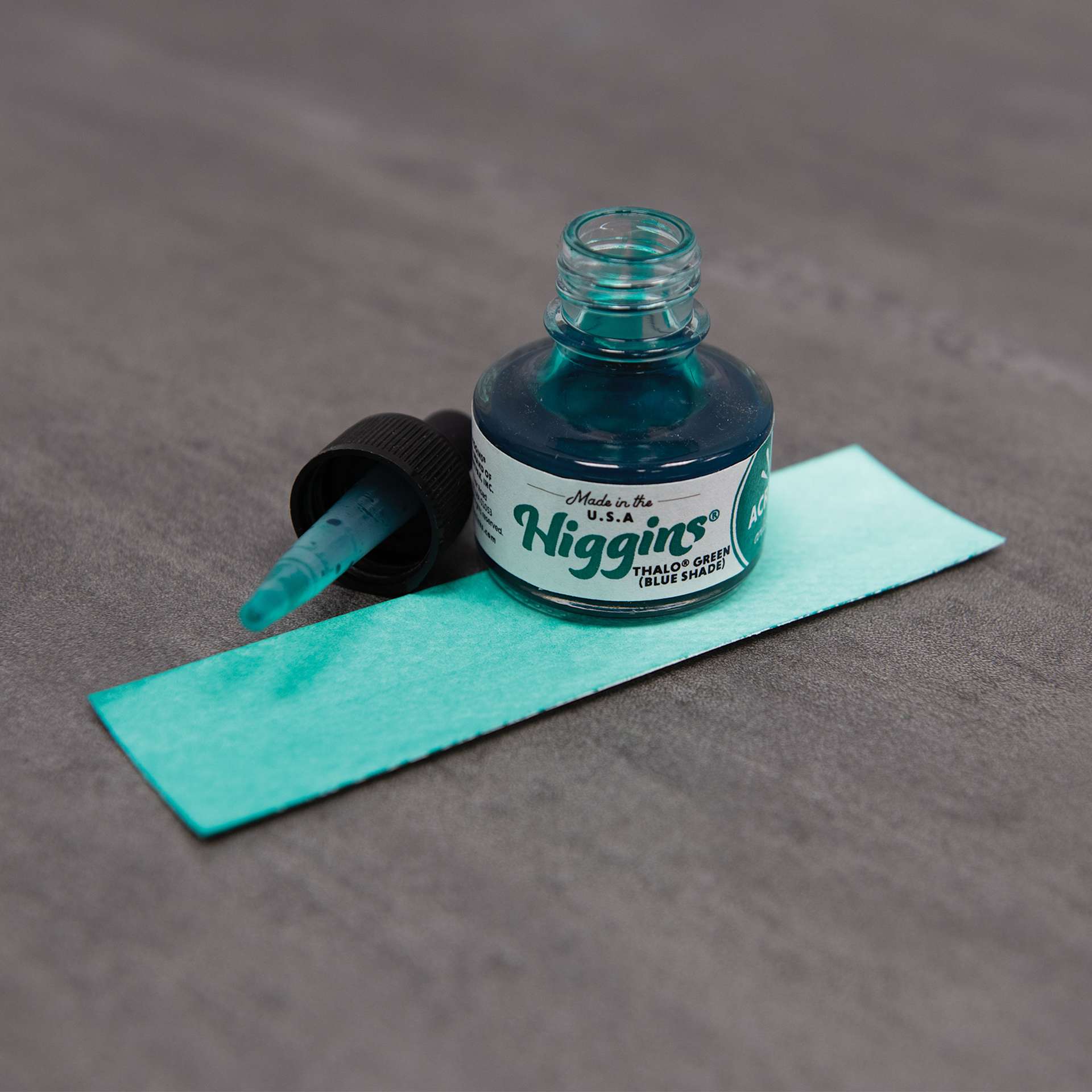 Higgins Acrylic Ink - Thalo Green (Blue Shade), 1 oz bottle with dropper and swatch