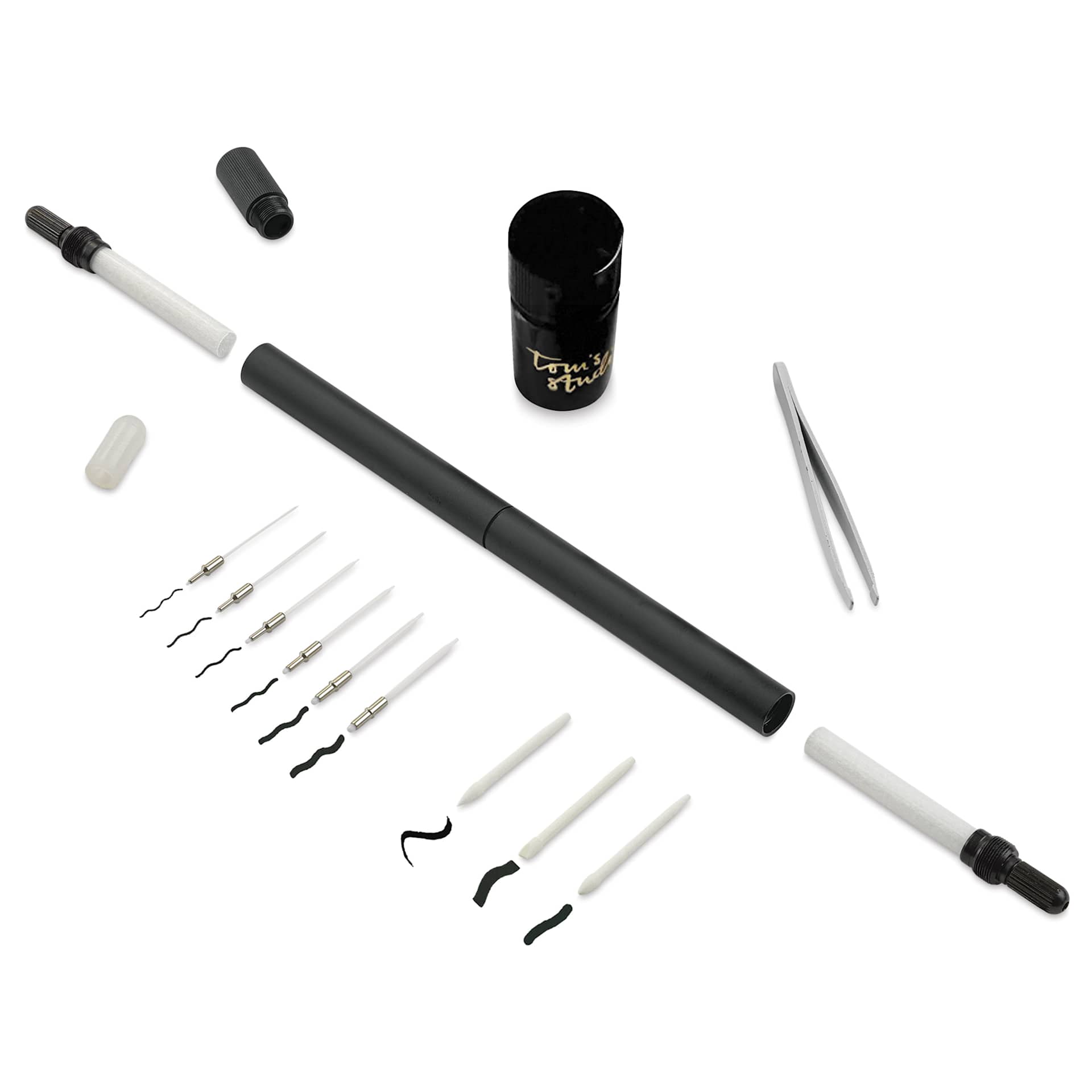Tom's Studio Lumos Pro Refillable Dual Tip Pen Set - Matte Black, contents laid out