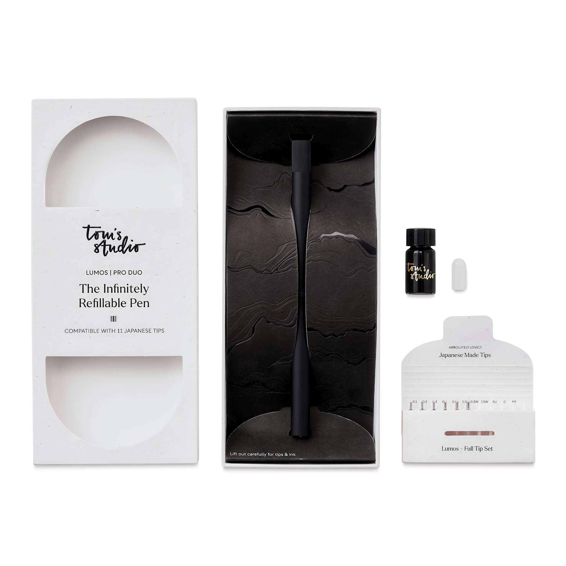 Tom's Studio Lumos Pro Refillable Dual Tip Pen Set - Matte Black, pen in packaging and contents laid out