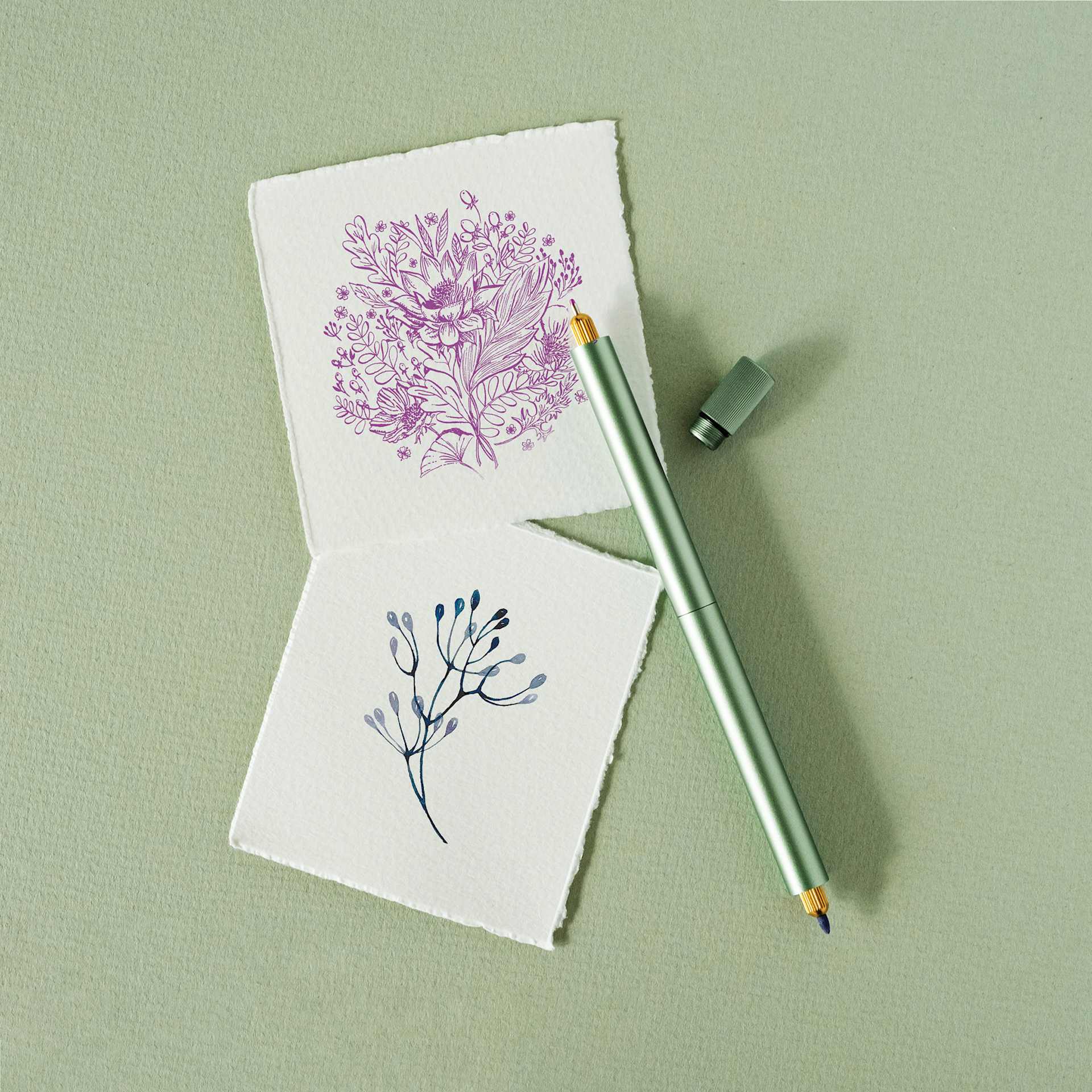 Tom's Studio Lumos Pro Refillable Dual Tip Pen Set - Sage, pen over drawing showing tips Tom's Studio Lumos Pro Refillable Dual Tip Pen Set - Sage, pen over drawing showing tips