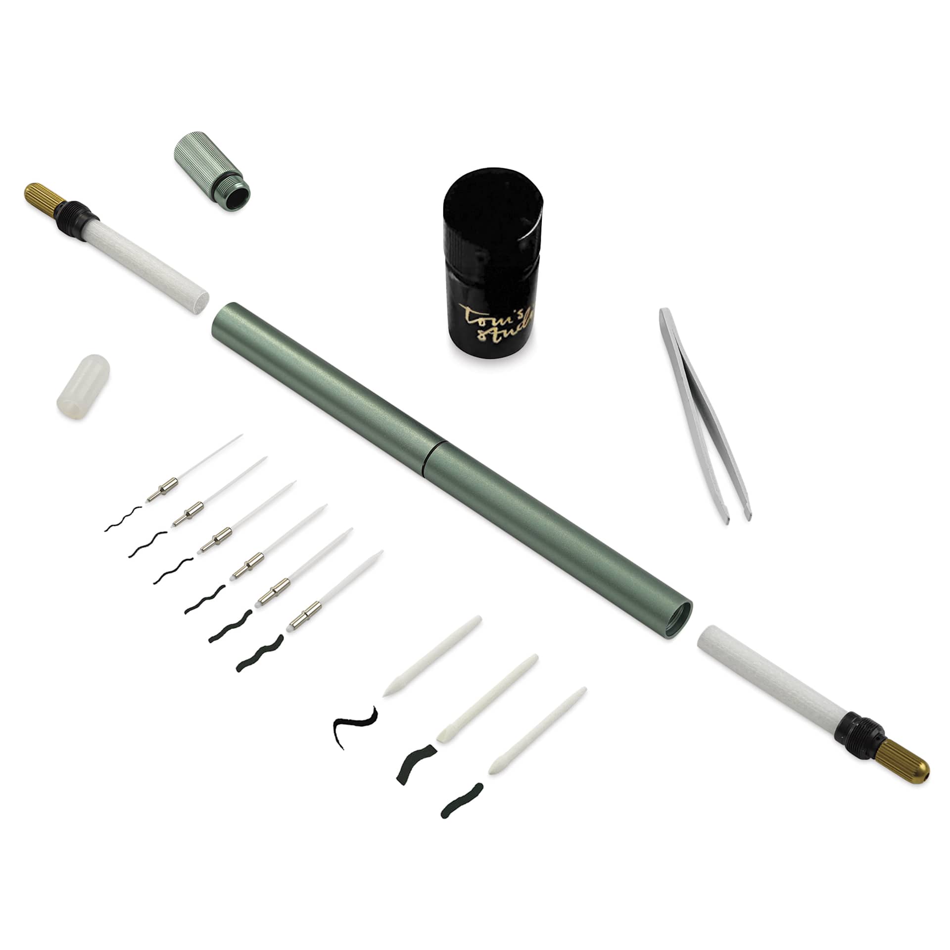 Tom's Studio Lumos Pro Refillable Dual Tip Pen Set - Sage, contents laid out