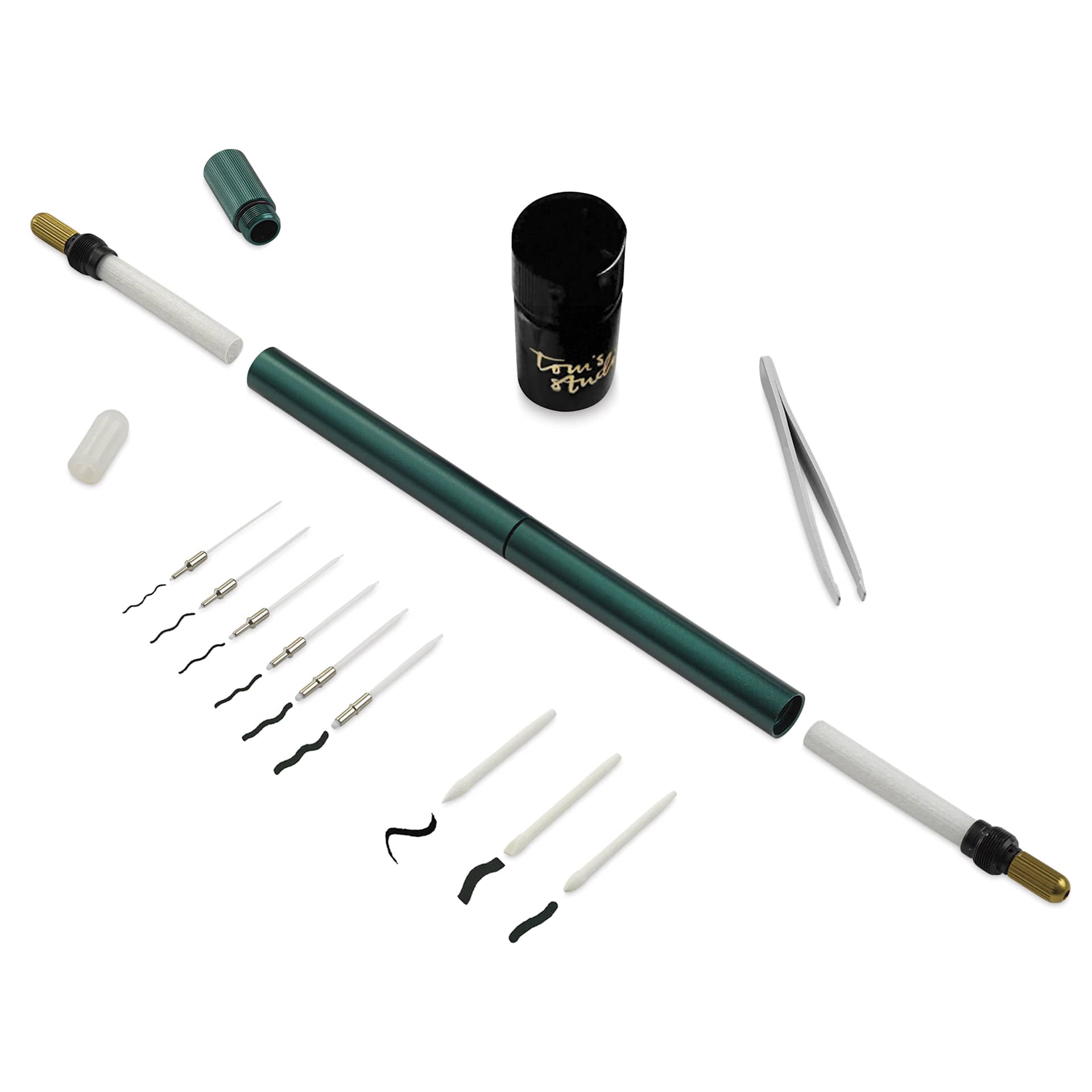 Tom's Studio Lumos Pro Refillable Dual Tip Pen Set - Ivy, contents laid out