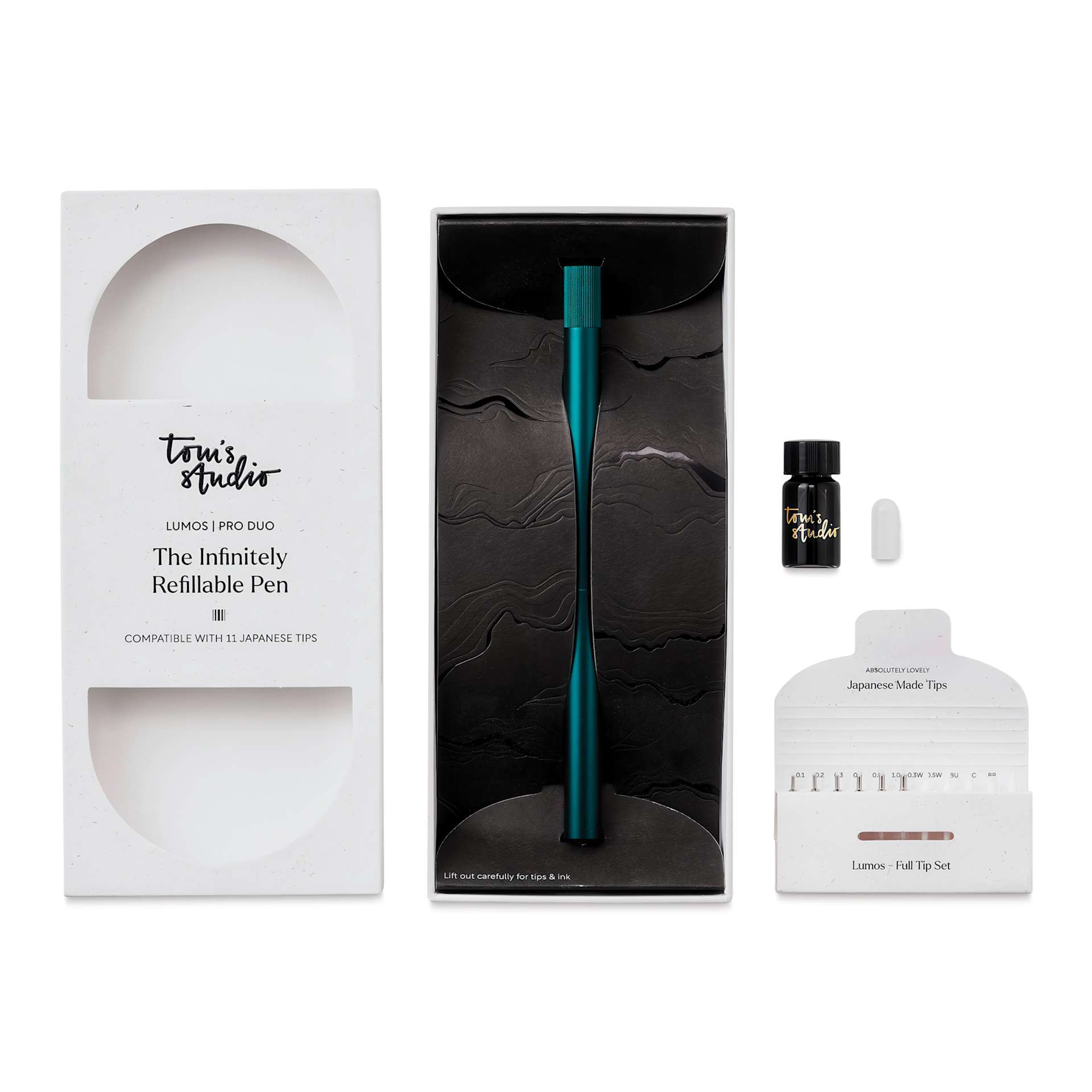 Tom's Studio Lumos Pro Refillable Dual Tip Pen Set - Ivy, pen in packaging and contents laid out