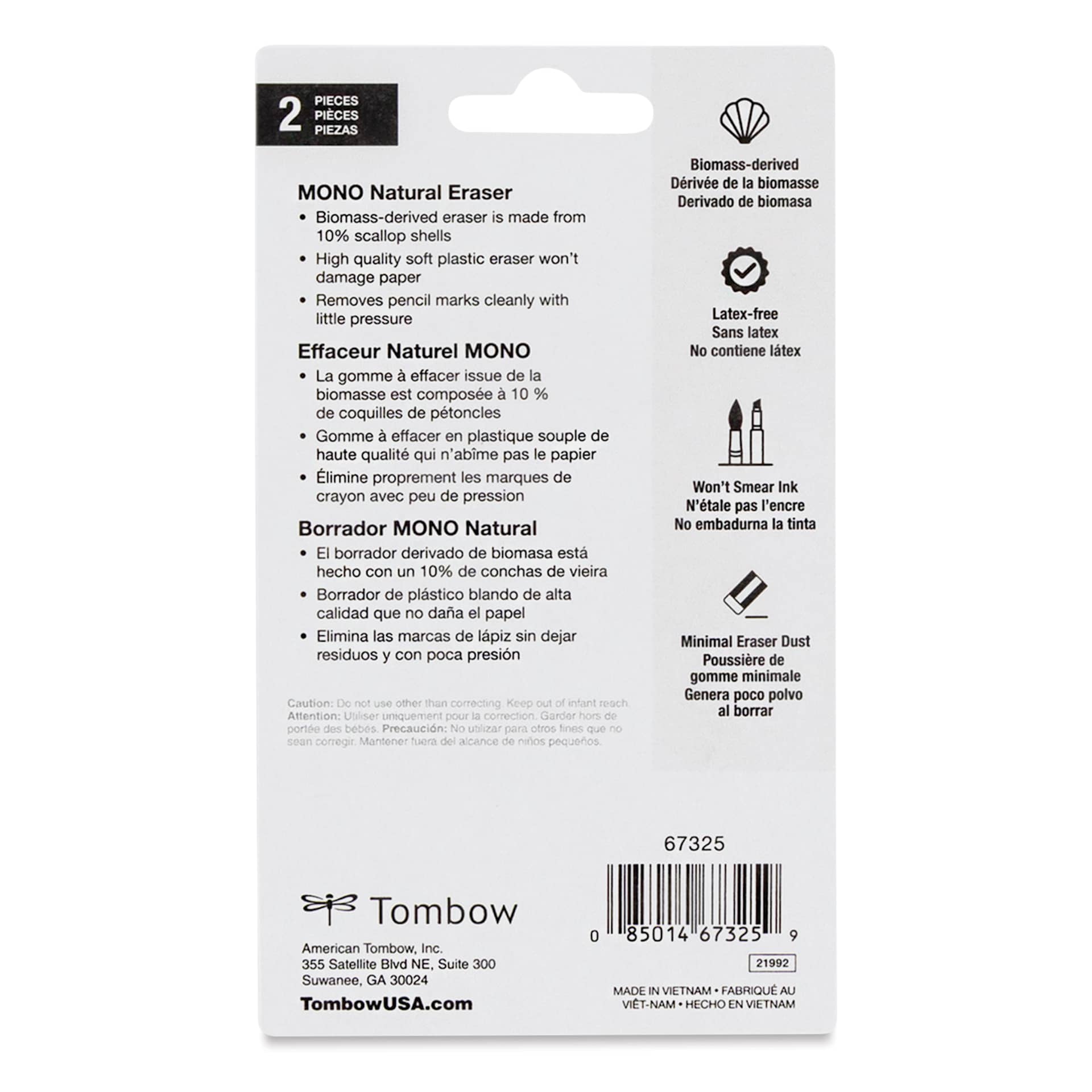 Tombow Mono Natural Erasers - Pkg of 2, back of packaging