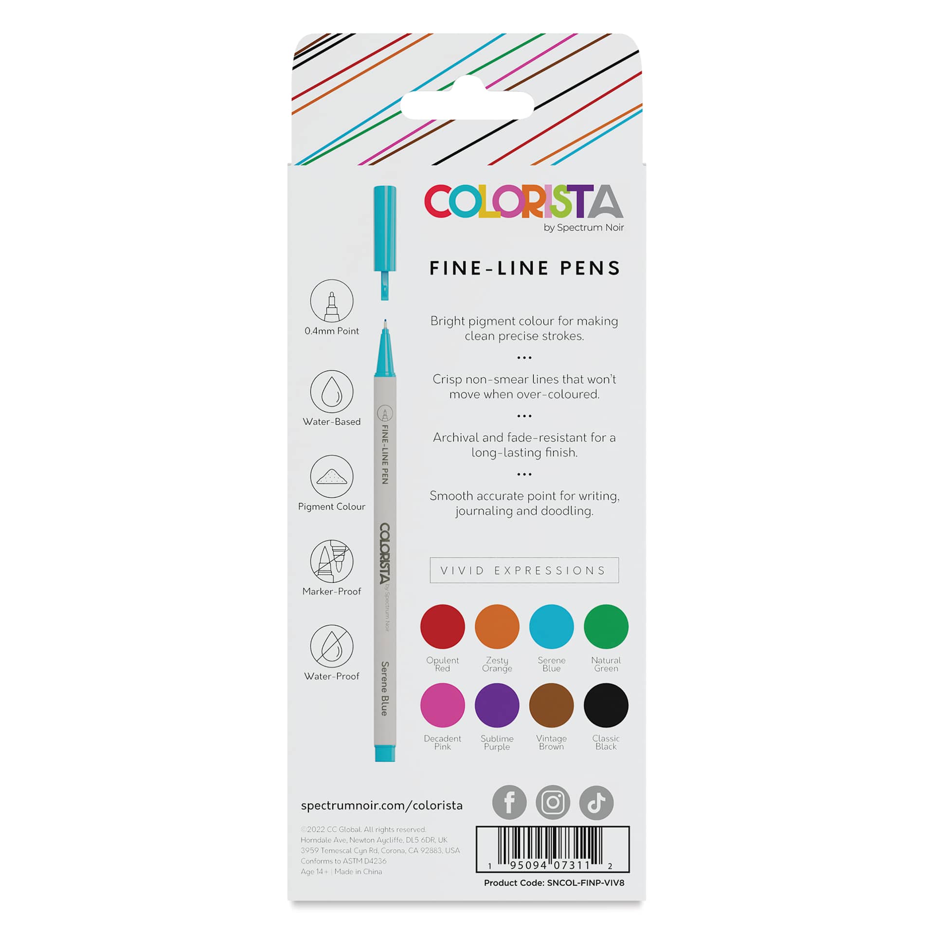 Colorista Fine-Line Pens - Vivid Expressions, Set of 8 - back of packaging