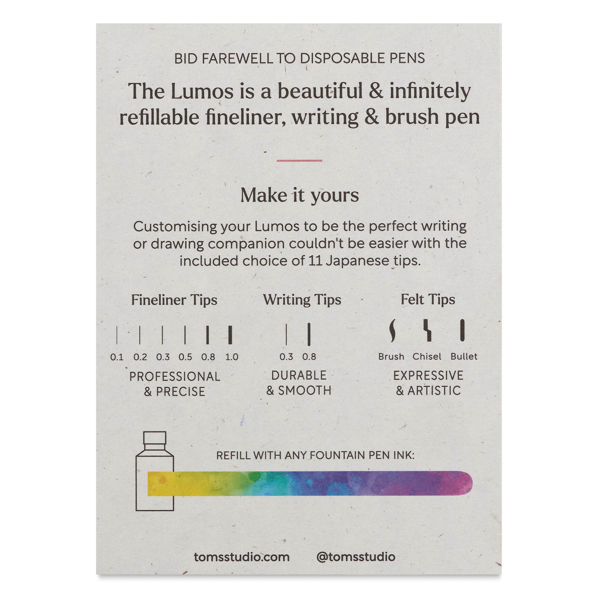 Tom's Studio Lumos Mini Refillable Pen - Blush, back of the packaging (Nibs sold separately)