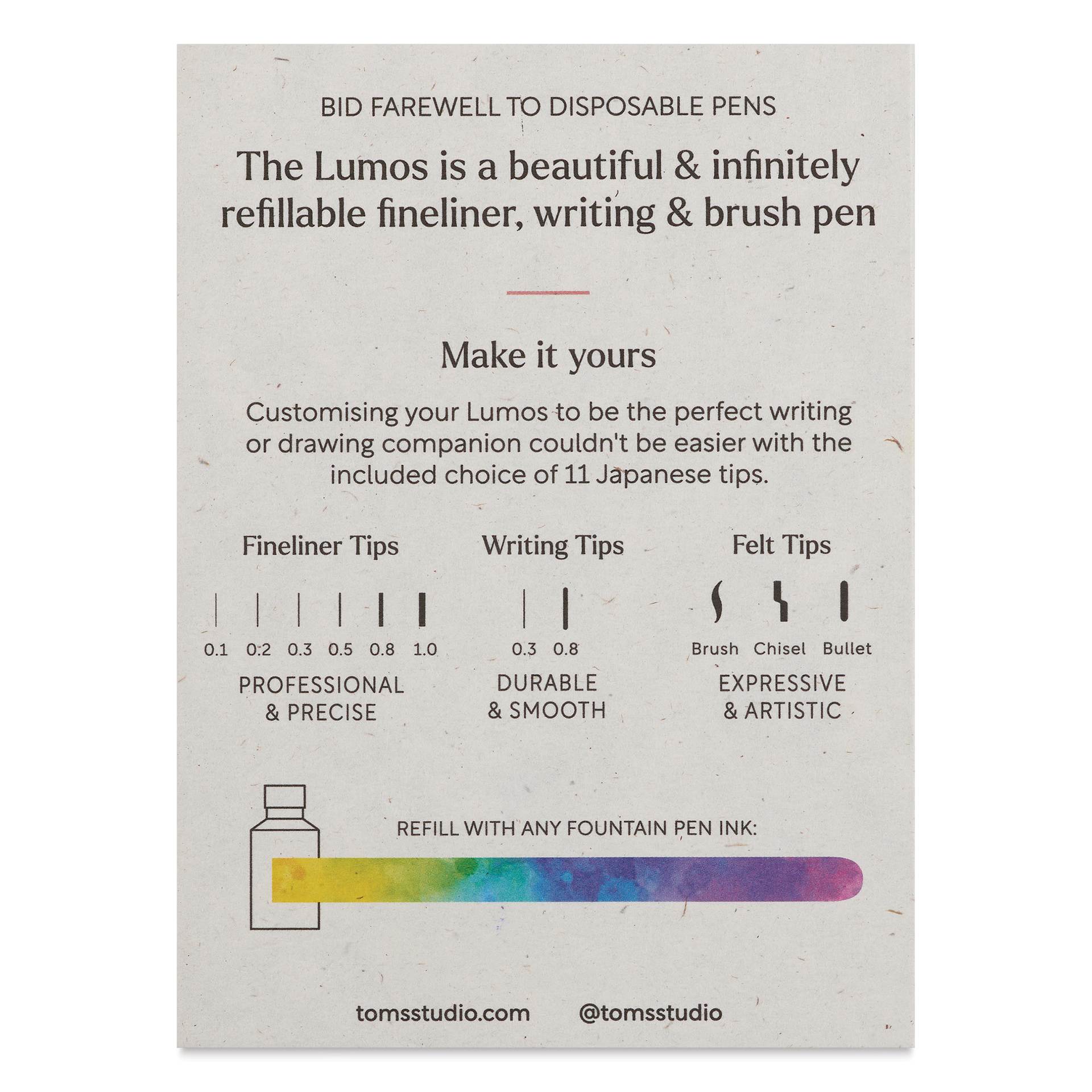 Tom's Studio Lumos Mini Refillable Pen - Matte Black, back of the packaging (Nibs sold separately)
