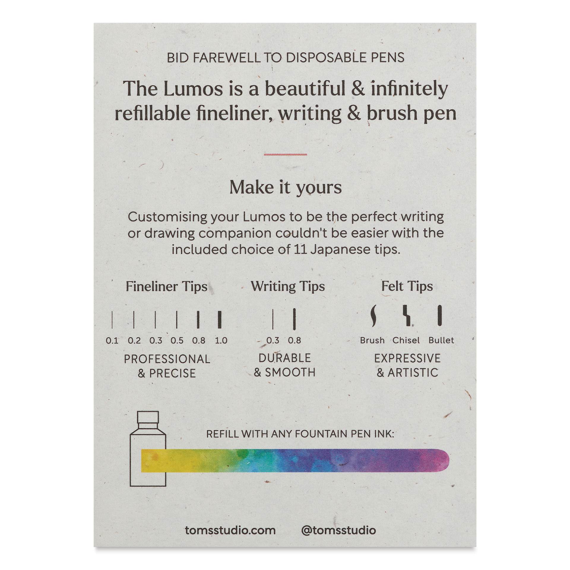 Tom's Studio Lumos Mini Refillable Pen - Sage, back of the packaging (Nibs sold separately)