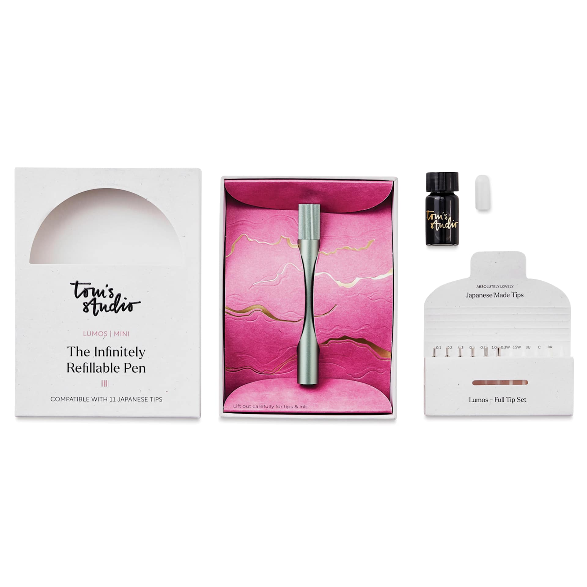Tom's Studio Lumos Mini Refillable Pen - Sage, contents and packaging
