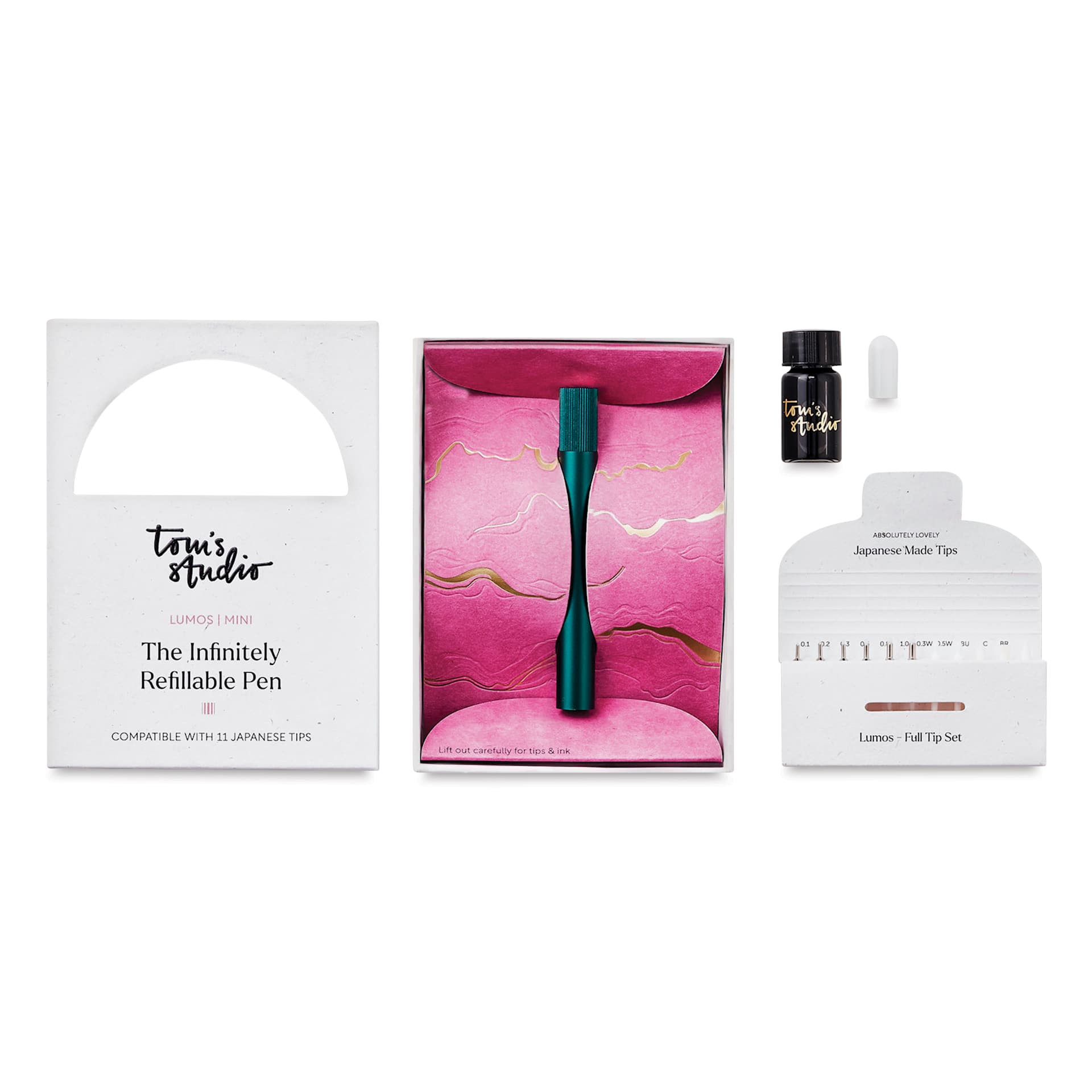Tom's Studio Lumos Mini Refillable Pen - Ivy, packaging and contents
