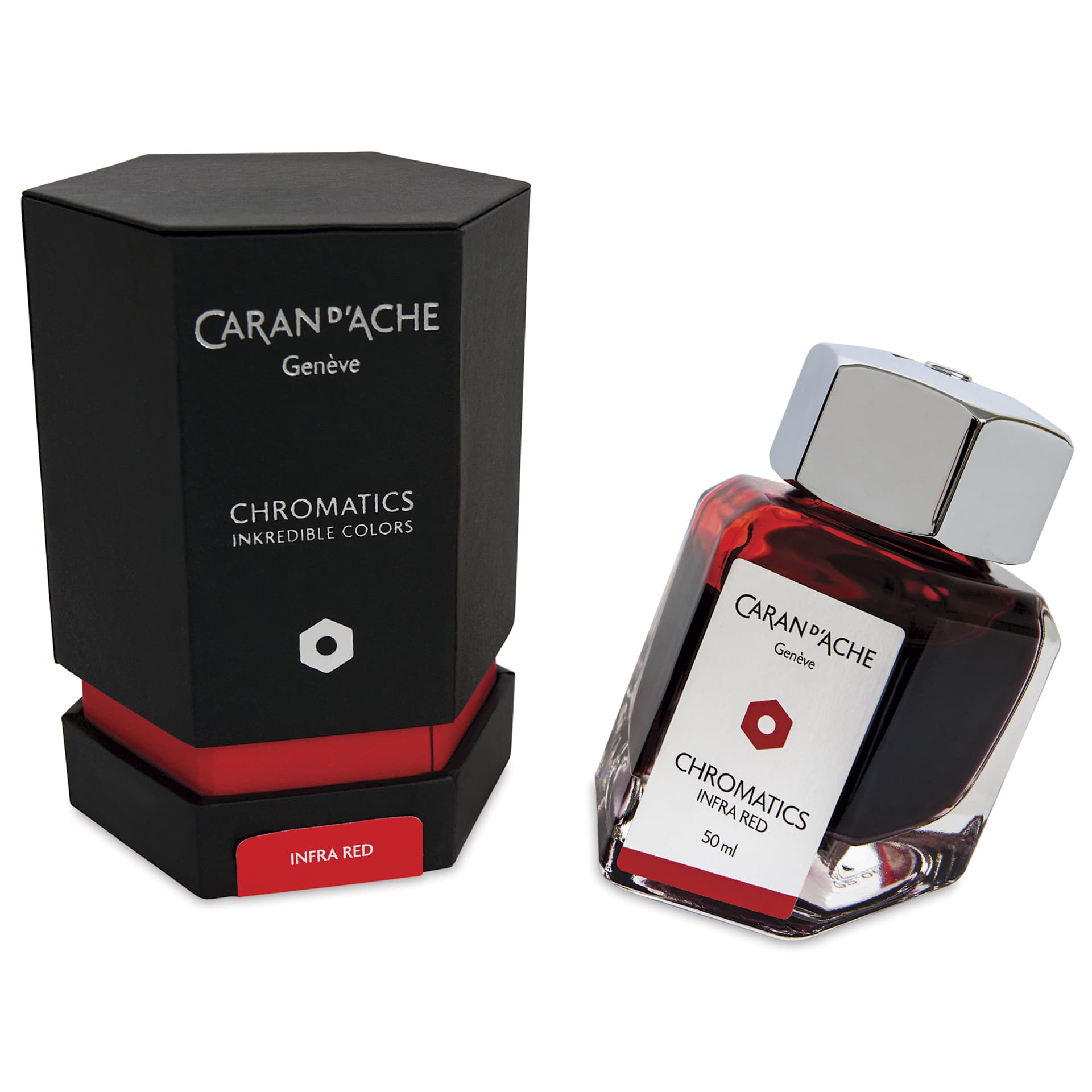 Caran d'Ache Chromatics Ink - Infrared, 50 ml Jar, jar next to packaging