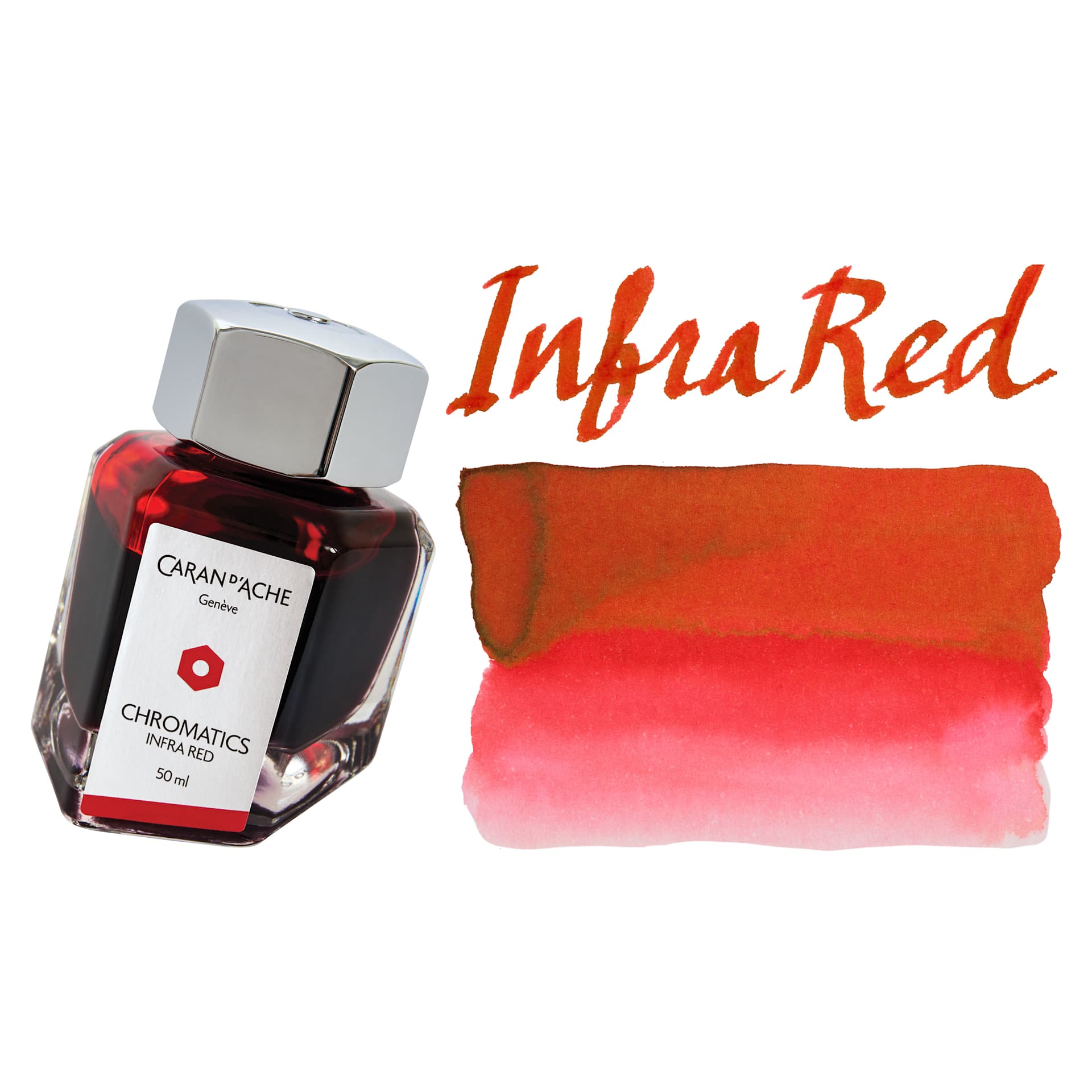 Caran d'Ache Chromatics Ink - Infrared, swatch and jar