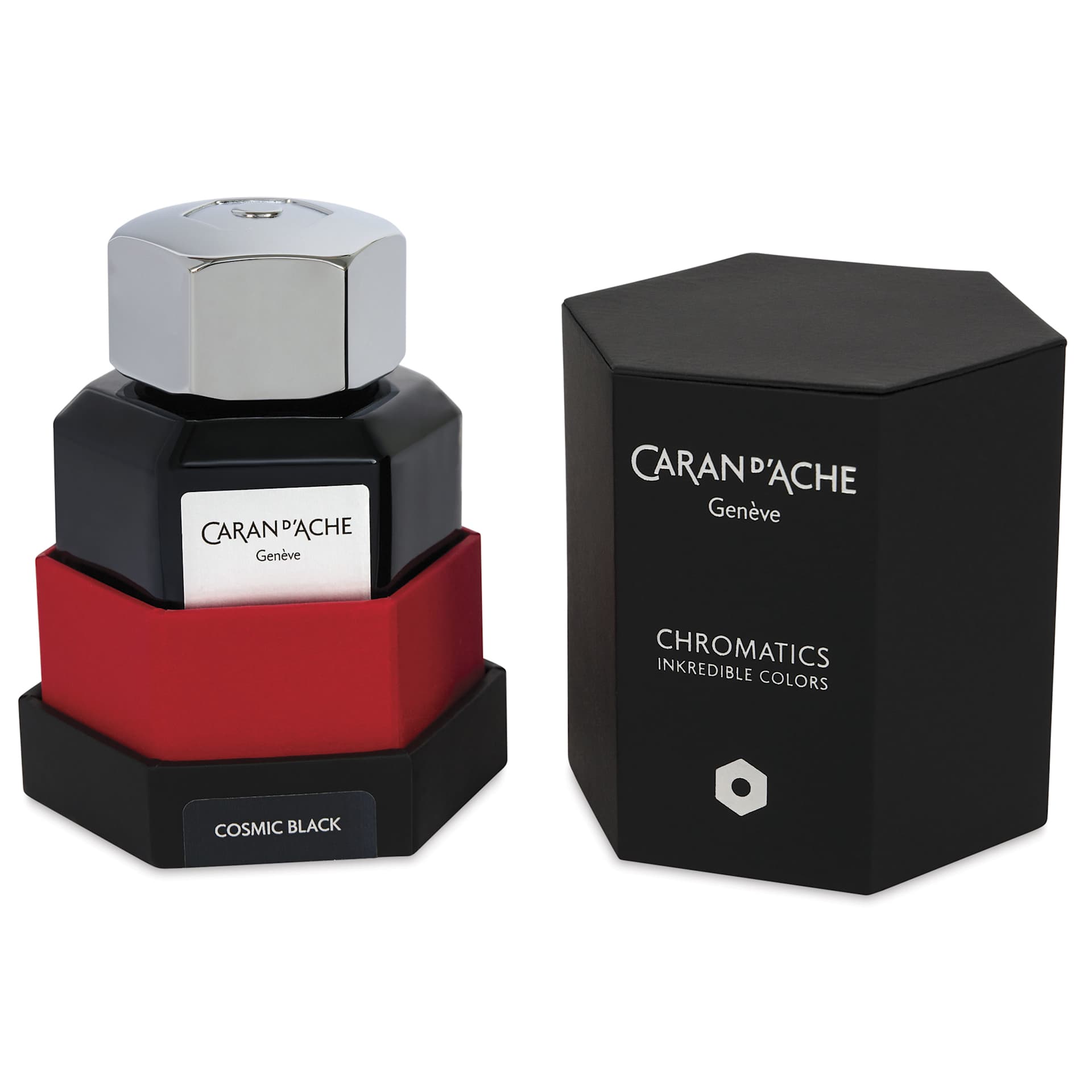 Caran d'Ache Chromatics Ink - Cosmic Black, 50 ml Jar, jar in package next to lid