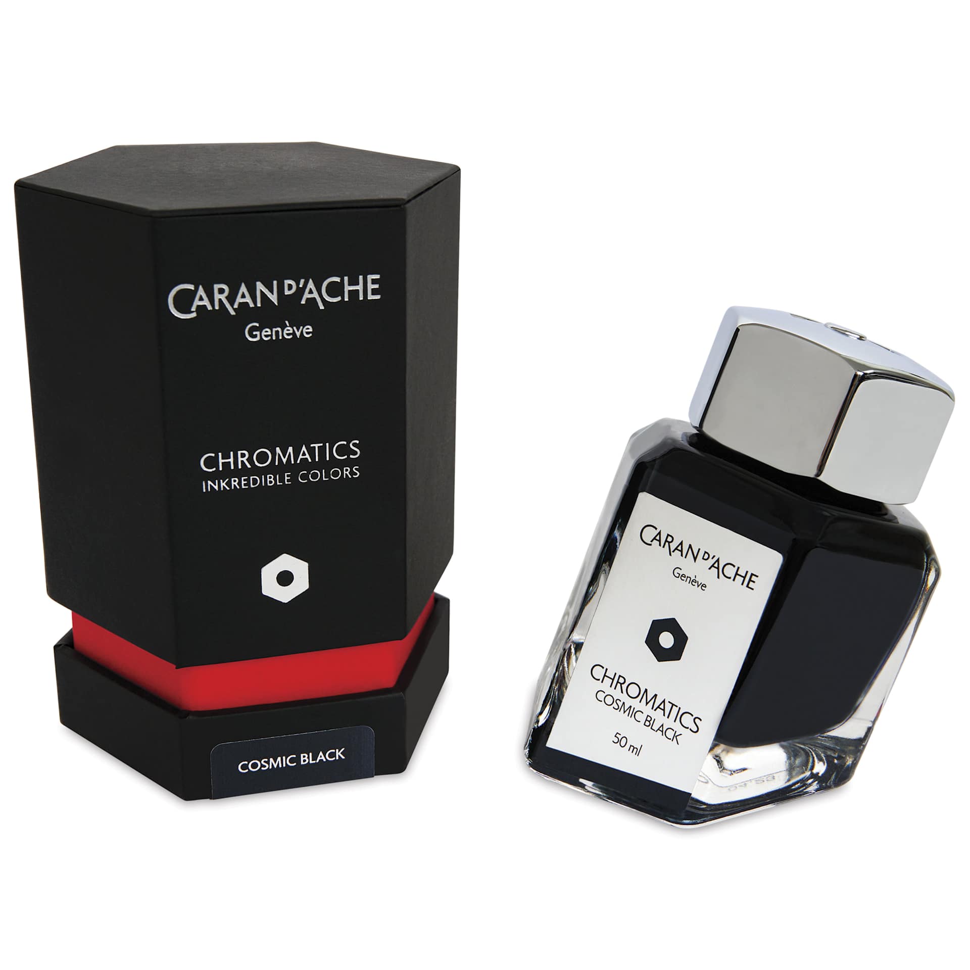 Caran d'Ache Chromatics Ink - Cosmic Black, 50 ml Jar, jar next to packaging