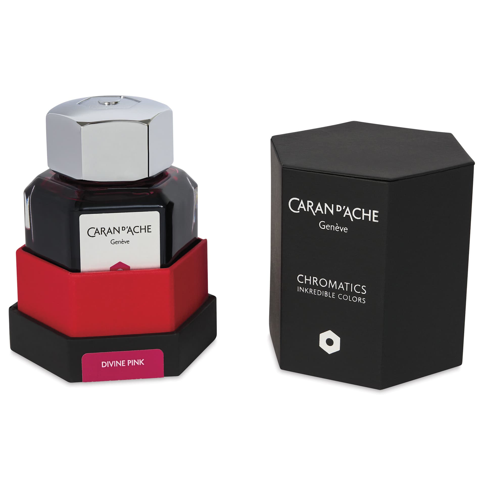 Caran d'Ache Chromatics Ink - Divine Pink, 50 ml Jar, jar in package next to lid