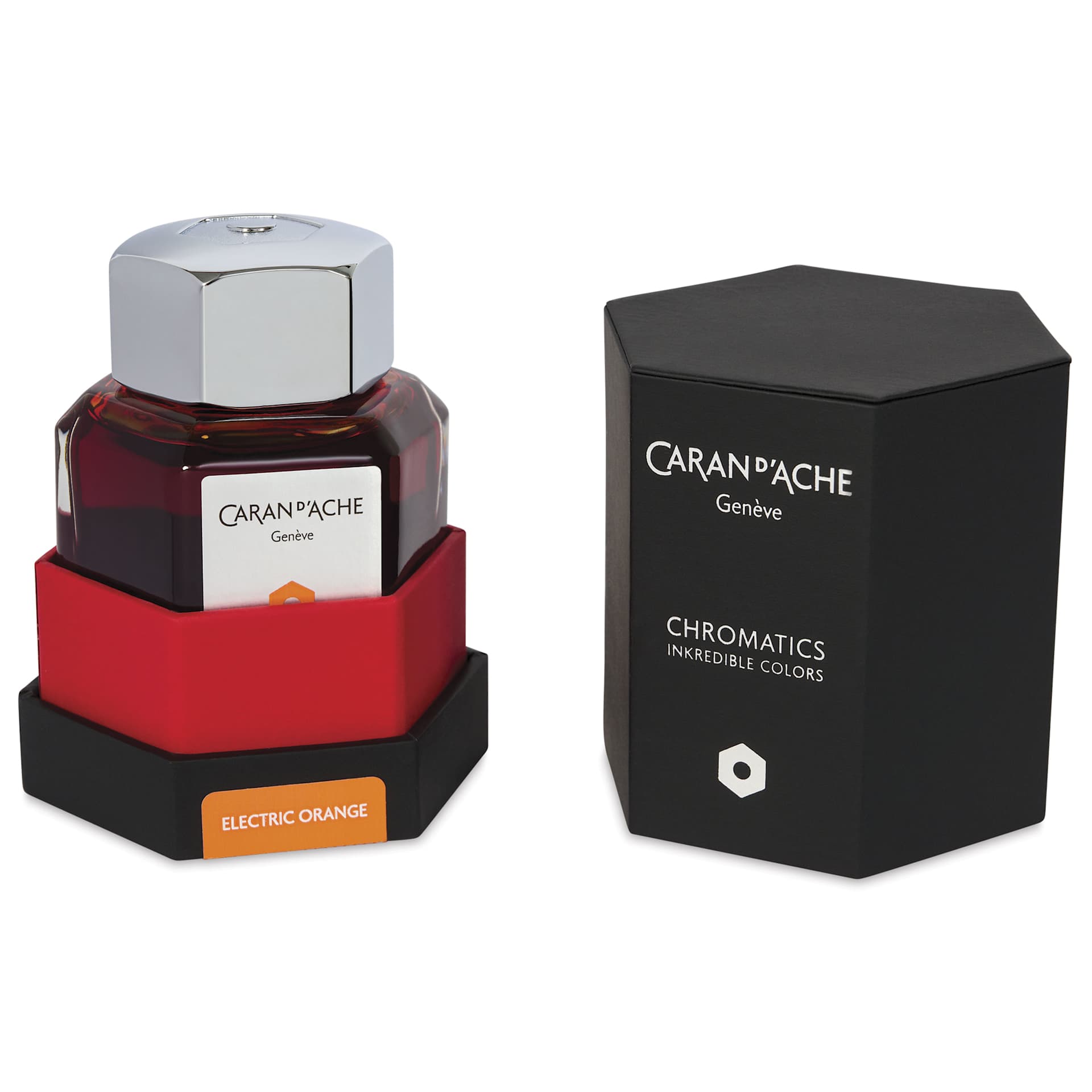 Caran d'Ache Chromatics Ink - Electric Orange, 50 ml Jar, jar in package next to lid