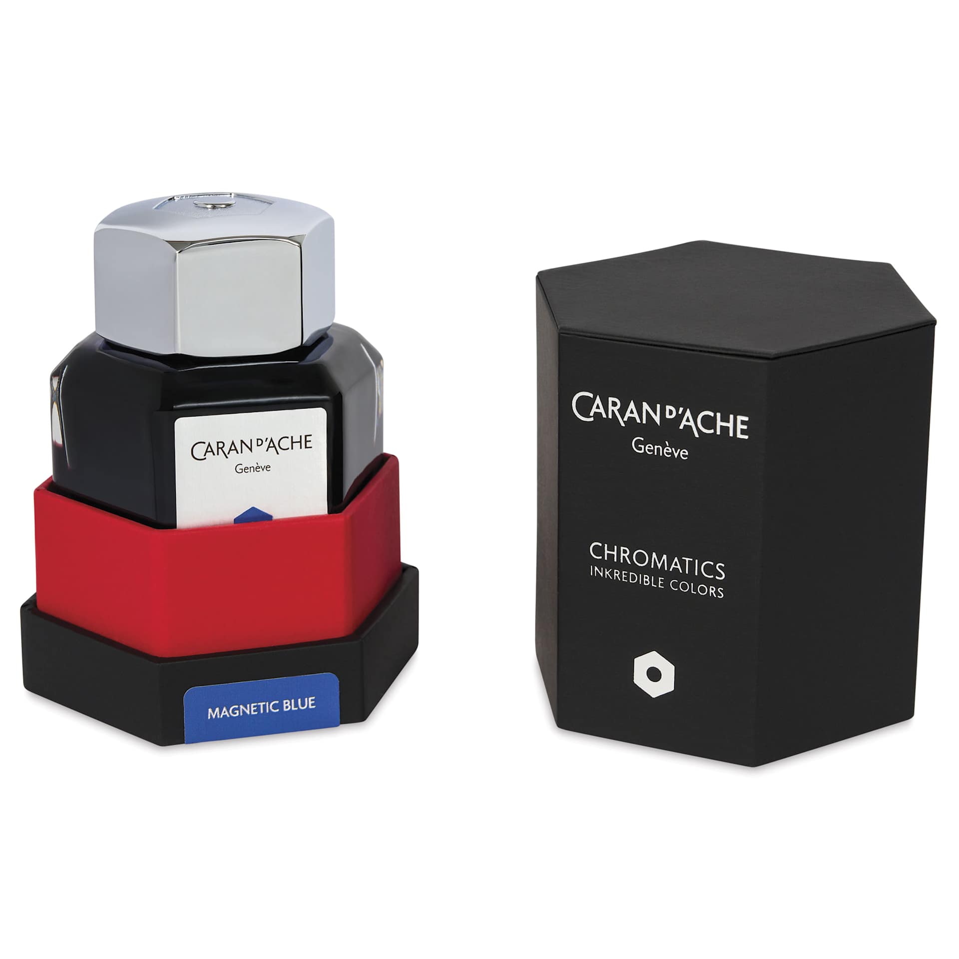 Caran d'Ache Chromatics Ink - Magnetic Blue, 50 ml Jar, jar in package next to lid