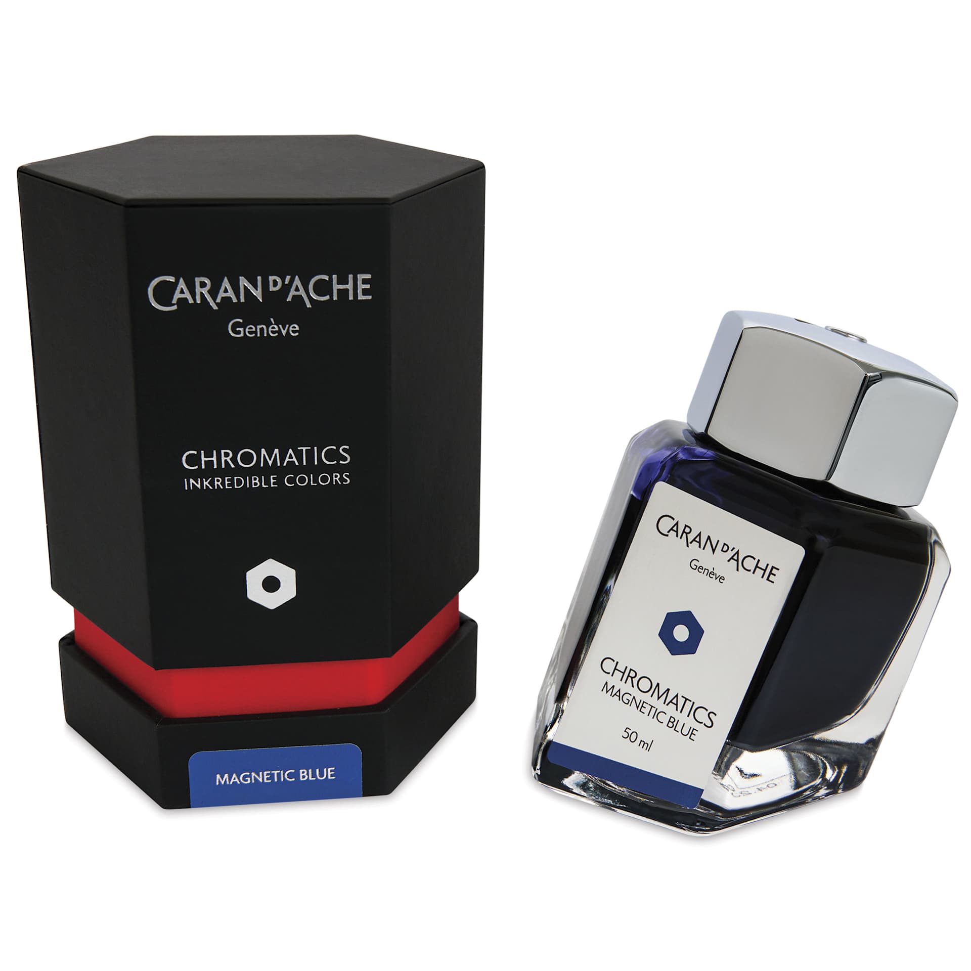 Caran d'Ache Chromatics Ink - Magnetic Blue, 50 ml Jar, jar next to packaging