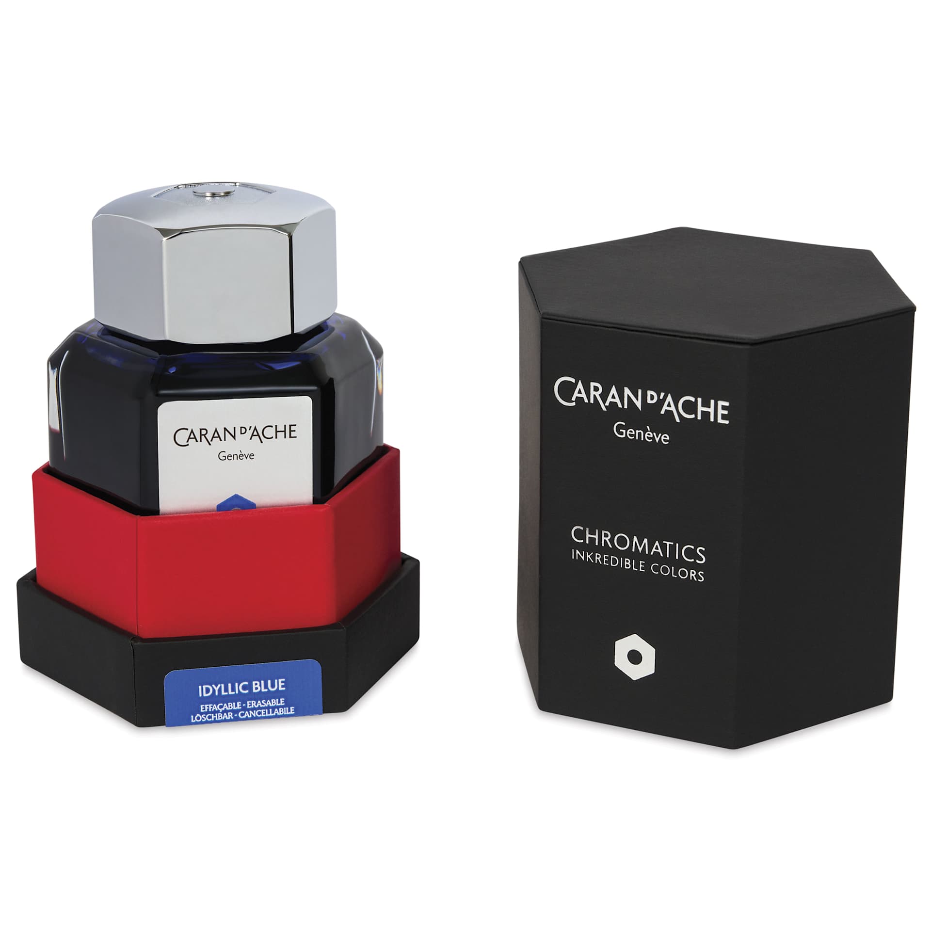 Caran d'Ache Chromatics Ink - Idyllic Blue, 50 ml Jar, jar in package next to lid