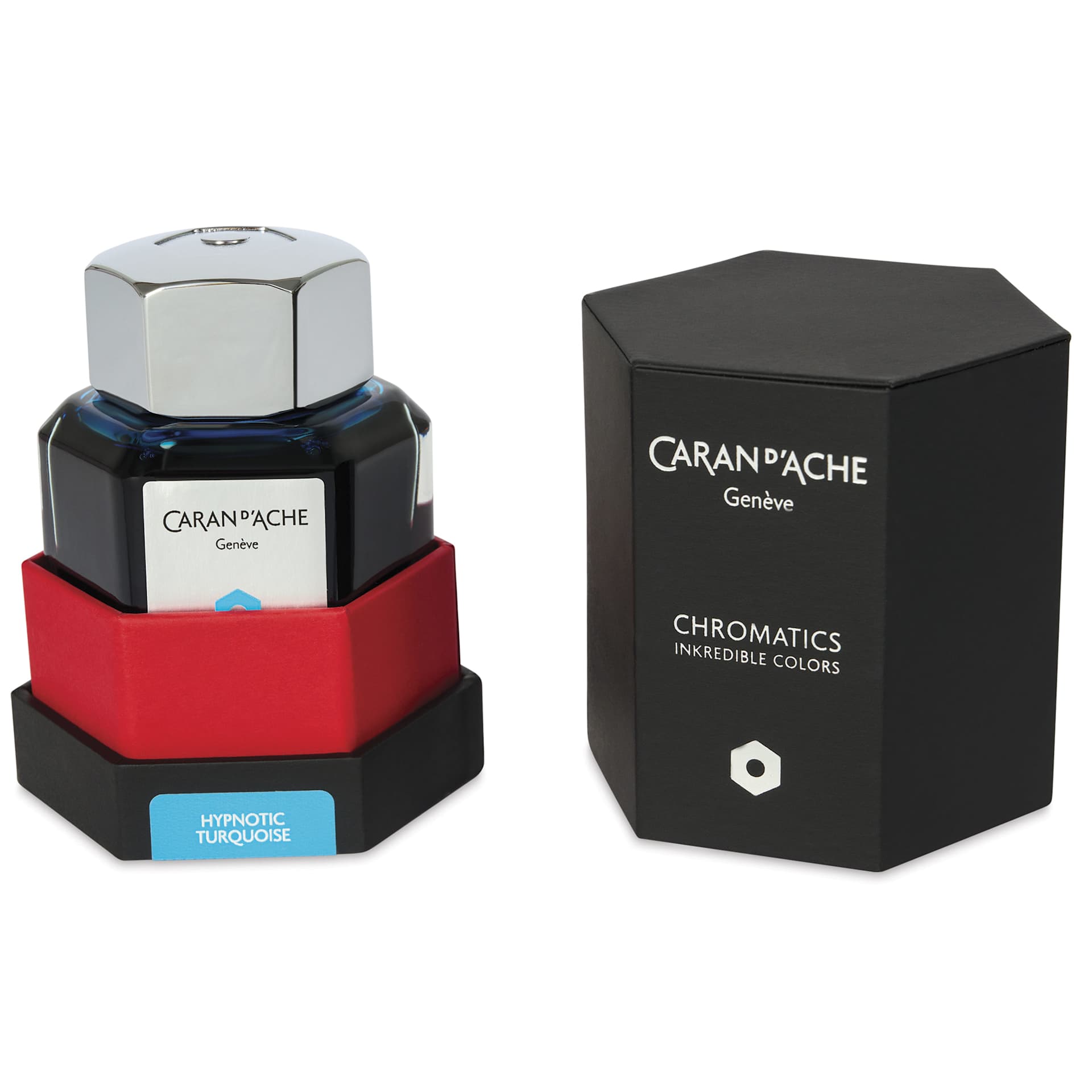 Caran d'Ache Chromatics Ink - Hypnotic Turquoise, 50 ml Jar, jar in package next to lid