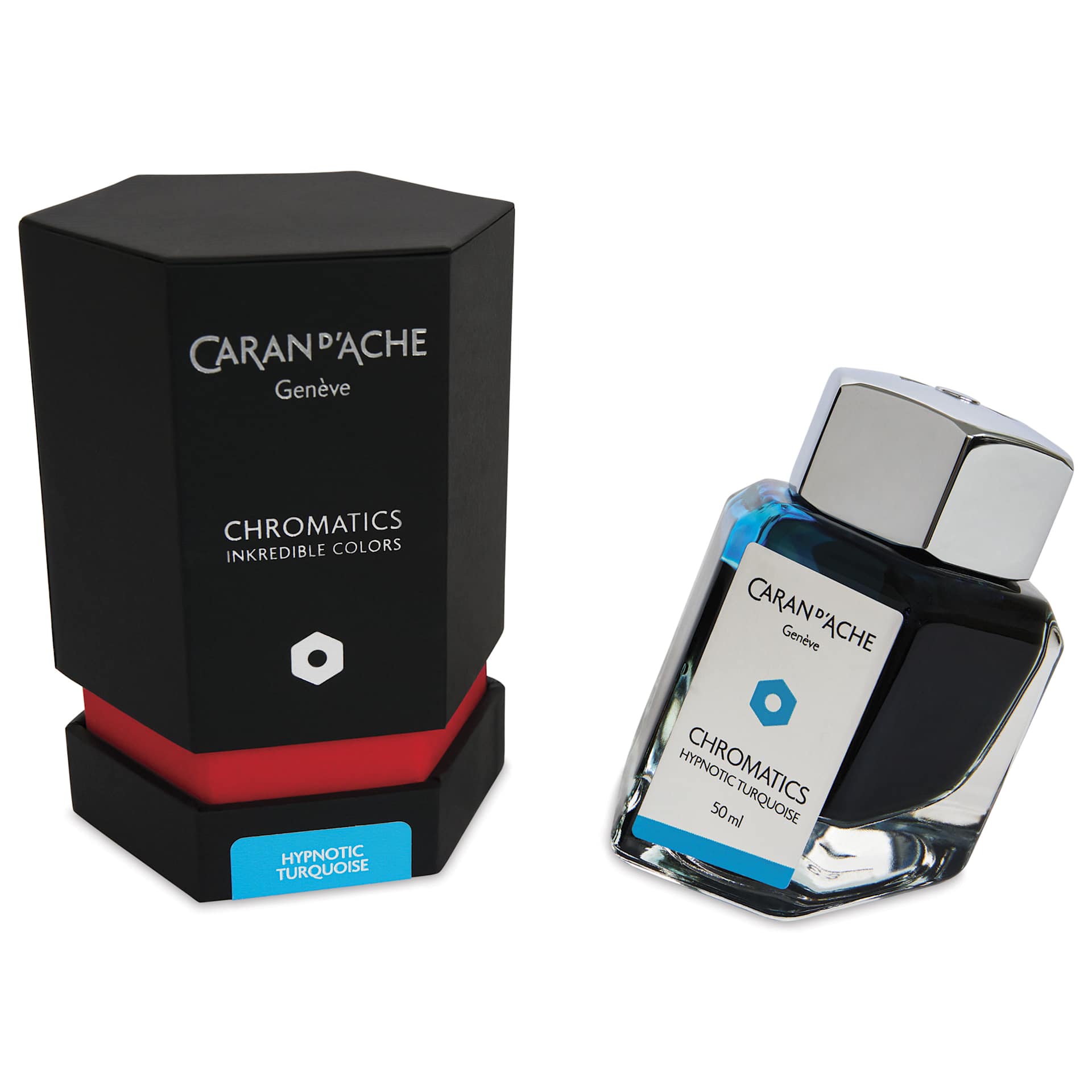 Caran d'Ache Chromatics Ink - Hypnotic Turquoise, 50 ml Jar, jar next to packaging