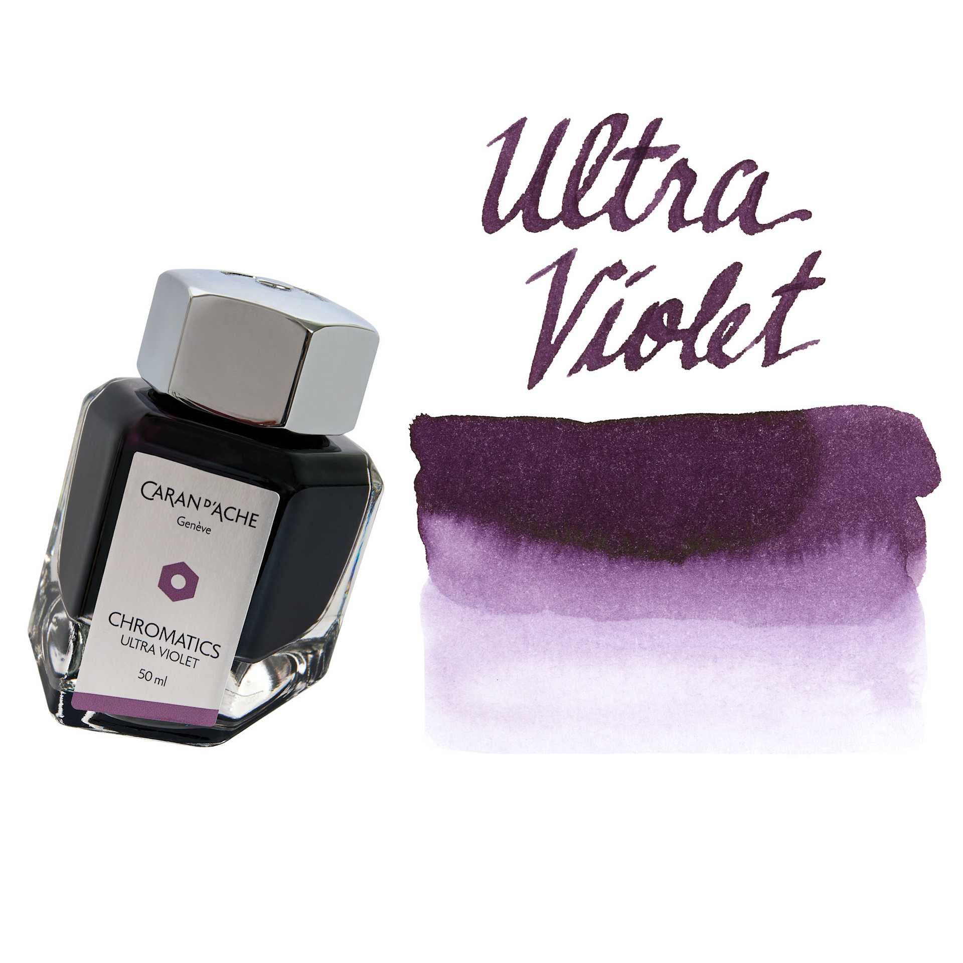 Caran d'Ache Chromatics Ink - Ultraviolet, swatch and jar