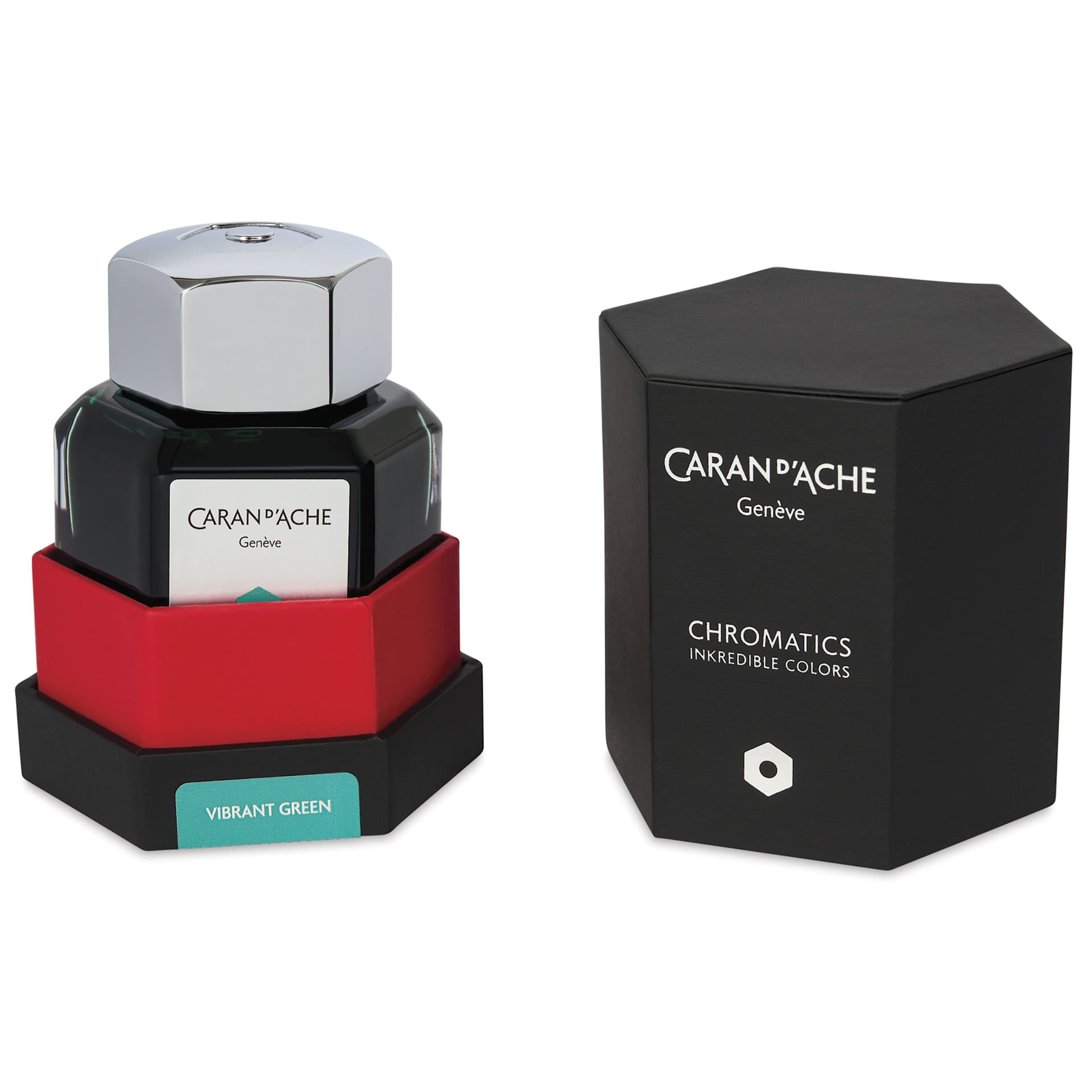 Caran d'Ache Chromatics Ink - Vibrant Green, 50 ml Jar, jar in package next to lid