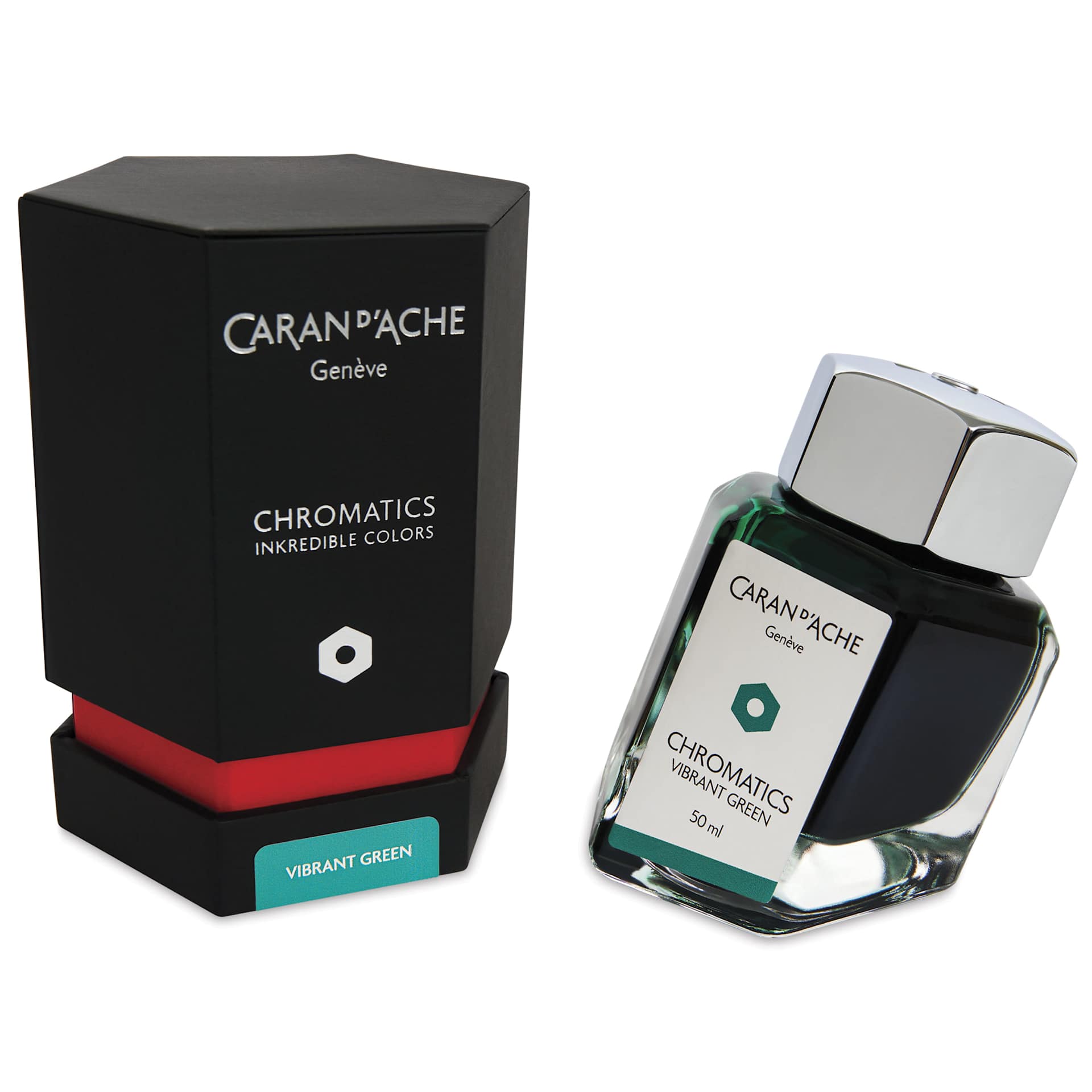 Caran d'Ache Chromatics Ink - Vibrant Green, 50 ml Jar, jar next to packaging